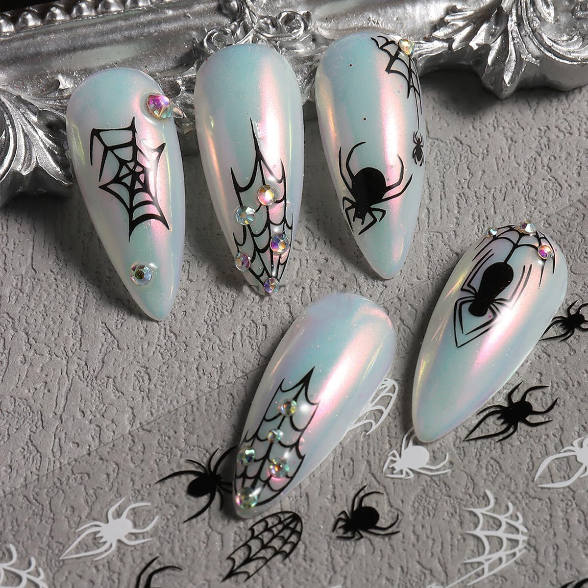 Spider Web Halloween Nail Stickers,Halloween 3D Nail Spider for Nail Art Self-Adhesive Glue Finger Nail Decals Spider Web Black Red White Design Holographic Spiders Manicure Art Supplies Decoration 6