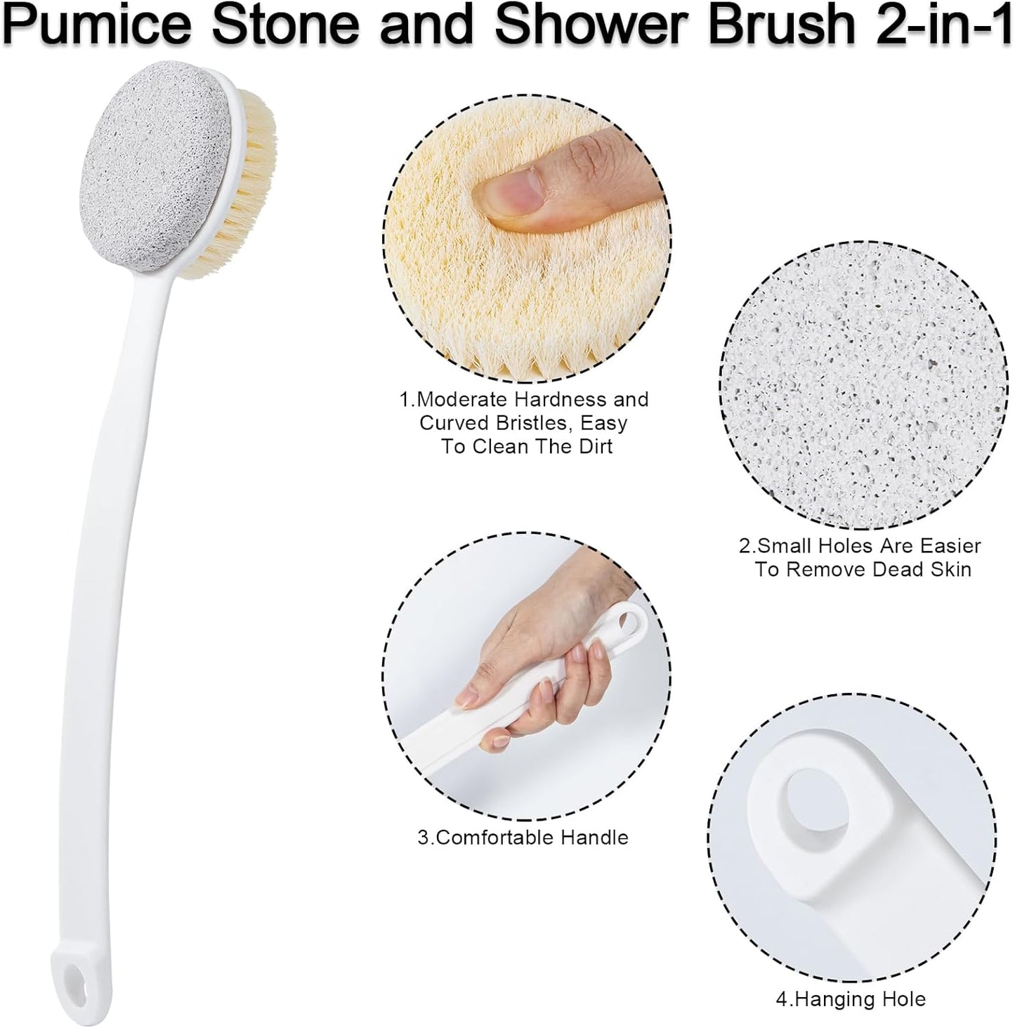 Pumice Stone and Shower Brush with Long Handle, 2 Pack Hard Skin Callus Remover, 2 in 1 Foot Scrubber, Back Scrubber for Shower Deep Cleansing and Exfoliating, Dry Brushing Body Brush (Curved)