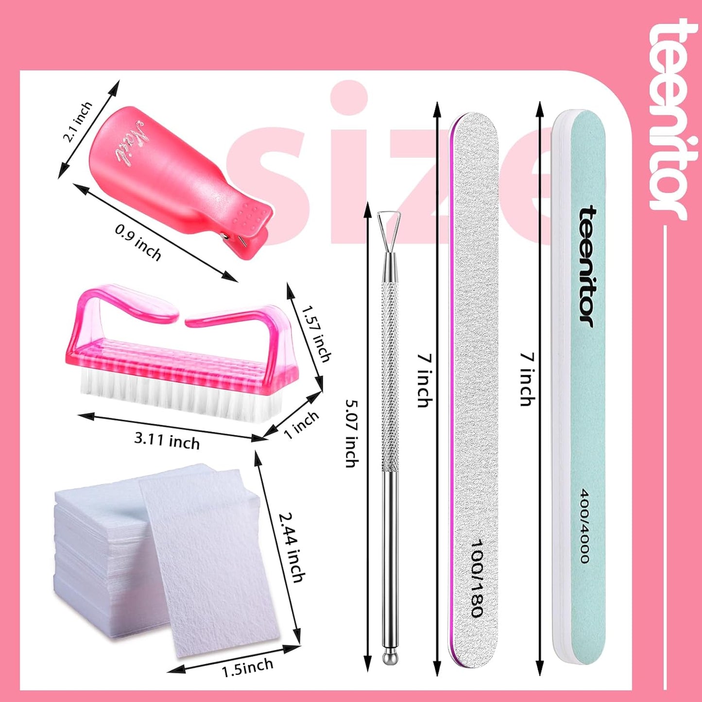 Teenitor Nail Gel Remover Tools Kit with Pink Polish Remover Clips, Cuticle Peeler Scraper, Gel Nail Brush, 115 Pack Nail Wipe Cotton Pads, Nail File Grits 120/180 Buffer Block Grits 400/4000 Rose