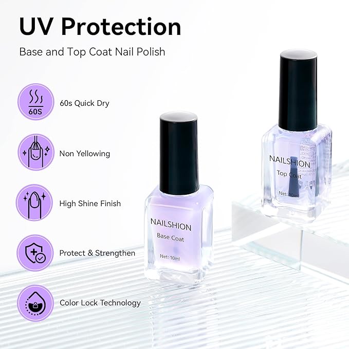 Clear Base Top Coat Anti-UV, 2PCS Calcium & VE Base Nail Strengthener High Shine Top Coat, Chip Resistant Quick Air Dry, Protects Color & Nails Prevents Discoloration Women Gift