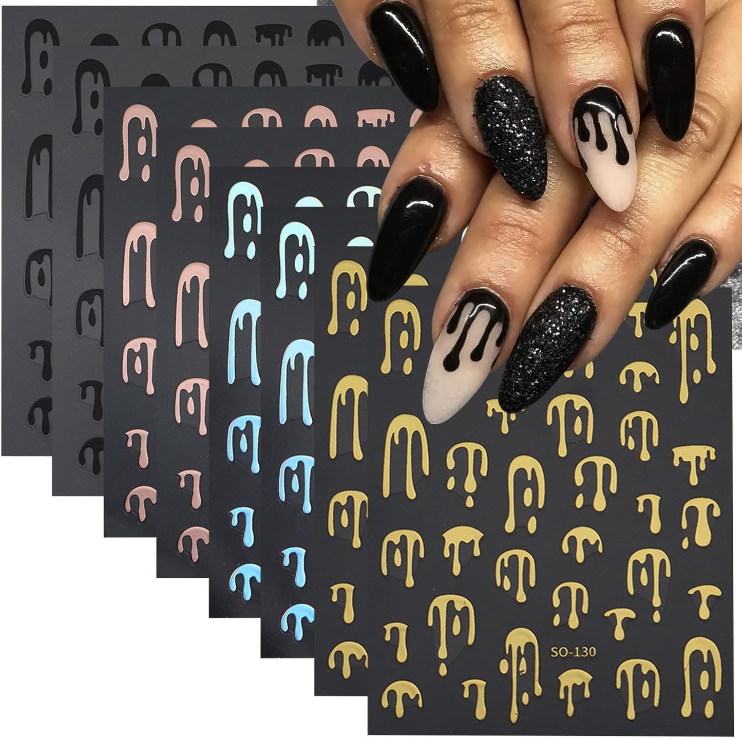 8 Sheets Halloween Nail Stickers for Nail Art Black Pink Laser Gold Nail Decals 3D Self-Adhesive Blood Nail Design Stickers Goth Nails Supply Halloween Nail Art Decoration for Women Manicure Tips