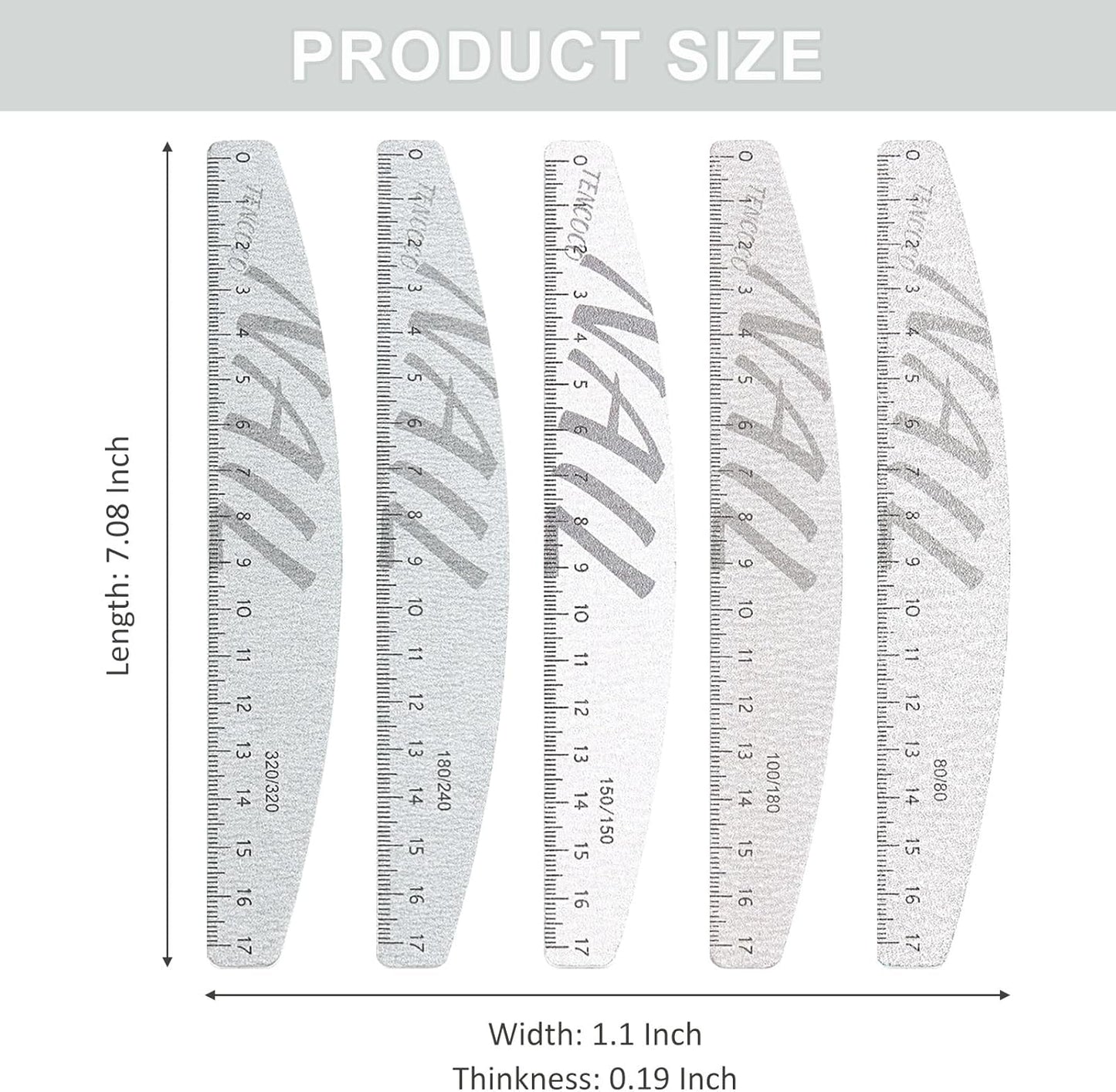 5Pcs 80/100/150/180/240/320 Grit Nail Files and Buffers with Measuring Scale Double Sided Emery Boards Washable Reusable Fingernail Coarse Files Professional Manicure Tools