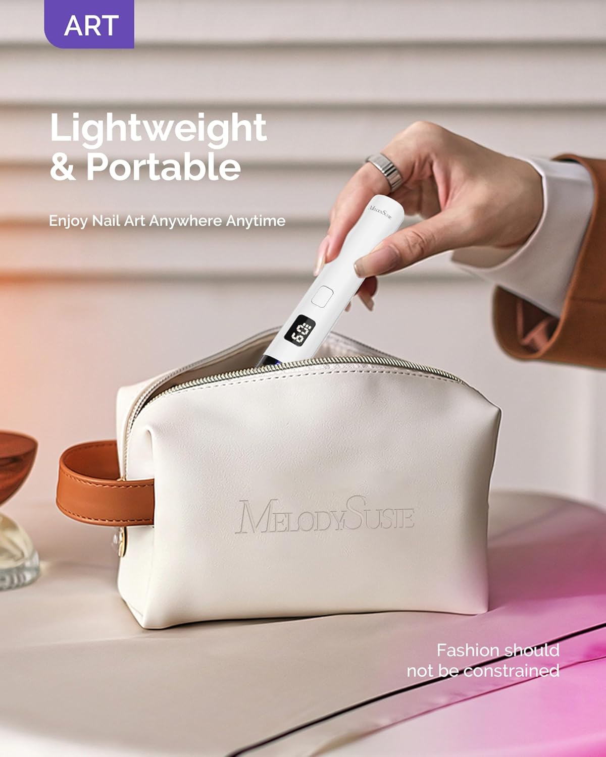 Melodysusie Handheld UV Light for Gel Nails, ART01R Cordless Gel X Nail Lamp Rechargeable with LCD Display, Eye-Protective Cover Flash Cure Nail Dryer for Rhinestone Glue Decoration DIY at Home White
