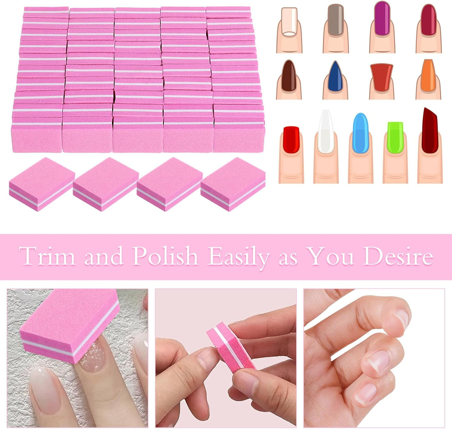 Nail Buffers (400 Pack), Mini Buffer Block Nail File for Acrylic and Natural Nails, 100/180 Grit Nail Buffer Block Bulk Buffing Blocks for Nail Buff Professional Manicure File Blocks Set Hot Pink
