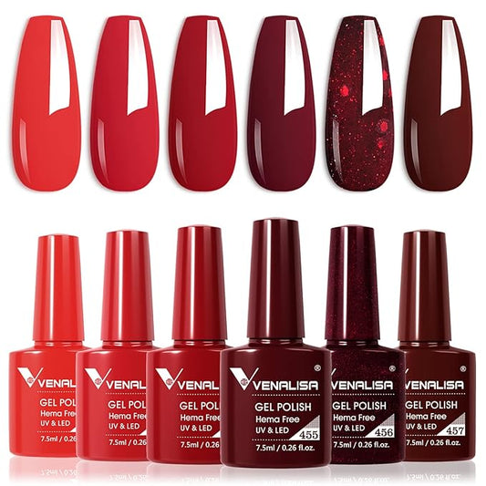 VENALISA Hema-Free Red Gel Nail Polish Set- 6 Colors Popular Red Burgundy Glitter Gel Polish Kit, DIY at Home Salon Christmas New Year's Gifts for Girls