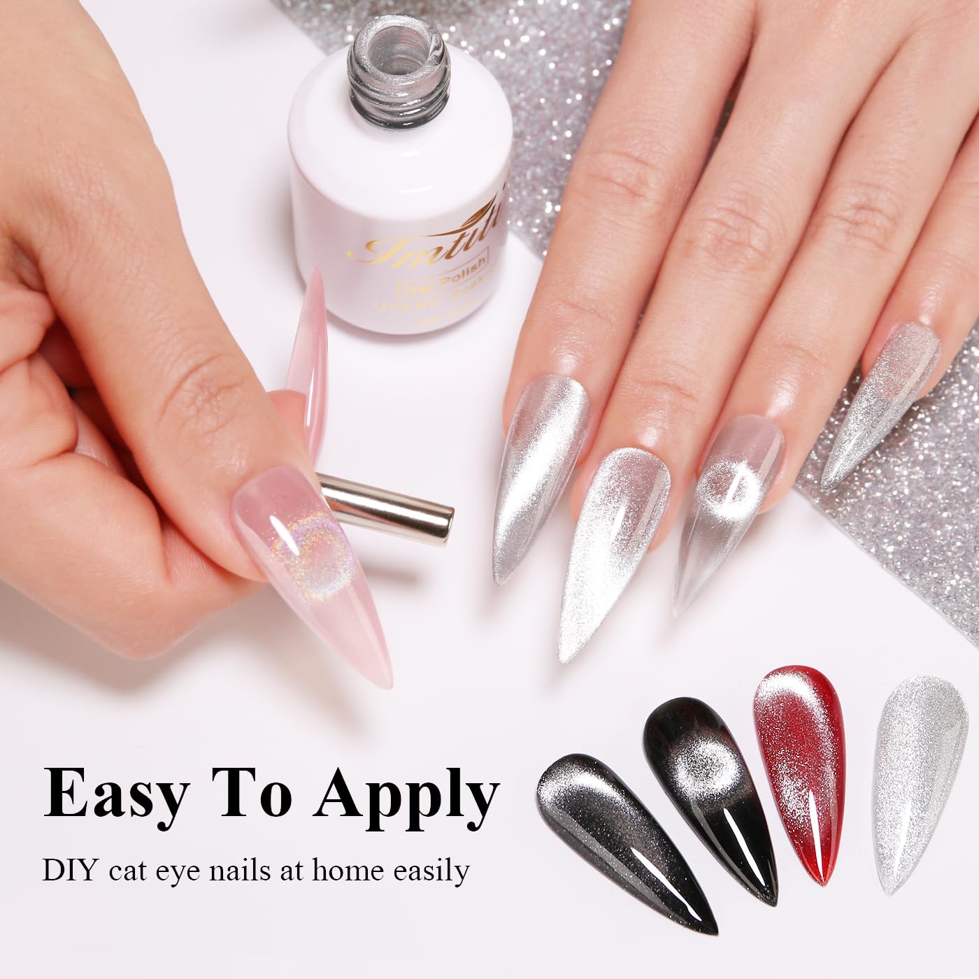 Imtiti Silver Cat Eye Gel Nail Polish, 15ML Silver Holographic Glitter Cat Eye Gel Polish with Magnet UV LED Magnetic Gel Nail Polish Clear Galaxy Sparkly Home DIY Manicure Nail Kit