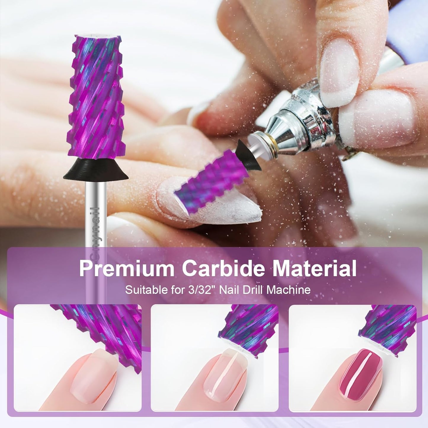Cnynail 3/32" Large Tapered Barrel Flat Bit Tungsten Carbide Nail Drill Bit Safety Bit for Gel & Acrylic Removal, 2- Way Rotating Efile Tip, Salon Electric File Accessory (XC Girt, Purple)