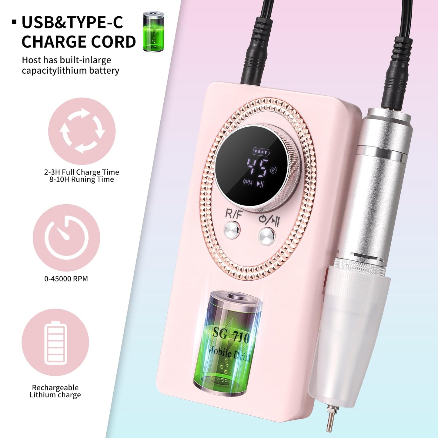 Electric Nail File for Acrylic Nail Kit, 45000RPM Electric Nail Drill Professional Manicure Pedicure Set with Nail Drill Kit Bits, Efile Cordless for Manicure
