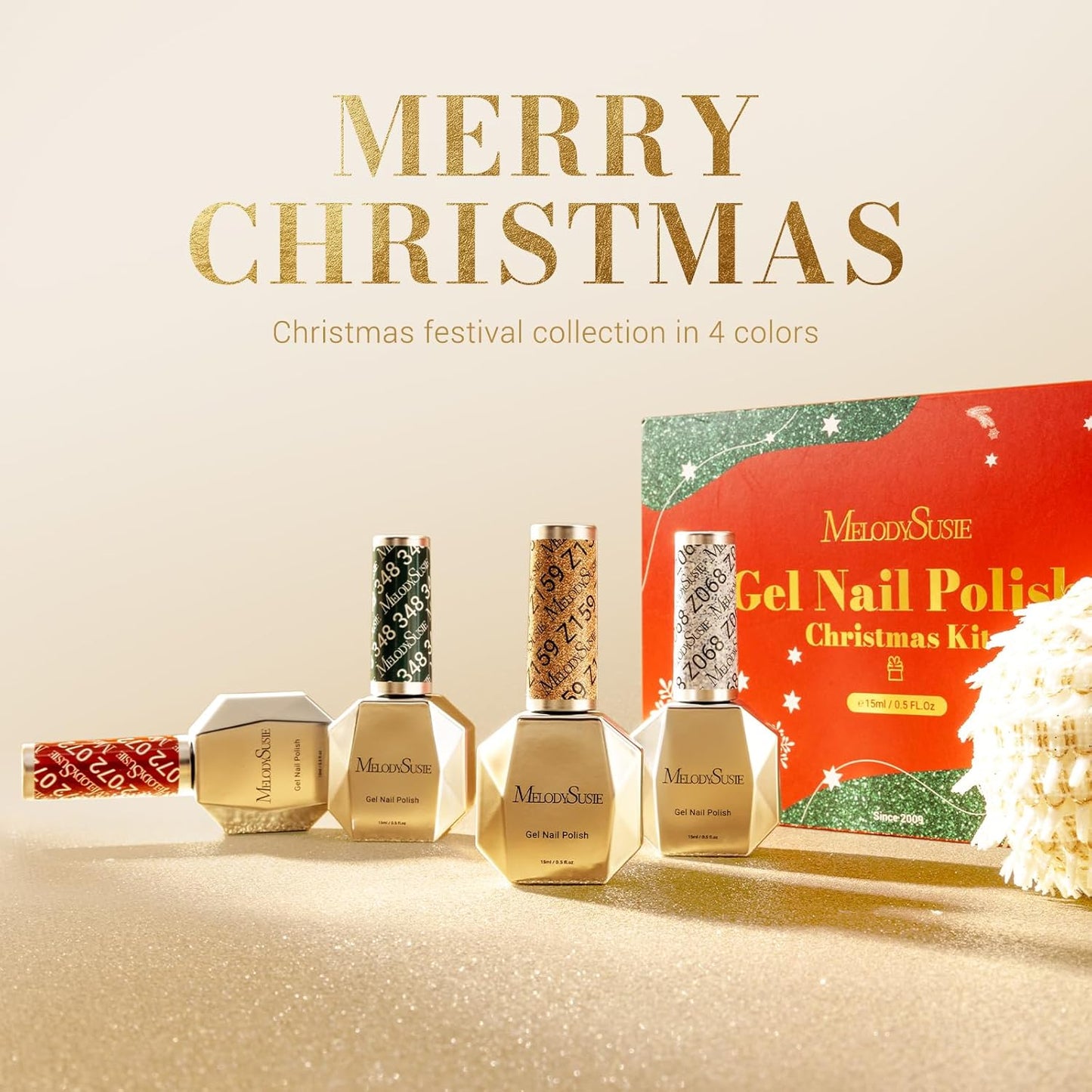 MelodySusie 15ML Christmas Gel Nail Polish Set: Christmas 4 Colors Green and Red Gel Polish Nails Soak Off UV LED Gold Silver Gel Polish Gifts for Women Girls Nail Art Manicure Salon DIY Nail Design