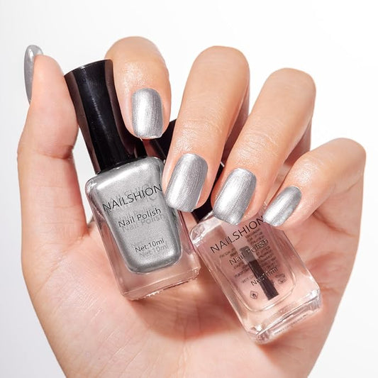 Metallic Silver Nail Polish with Base Top Coat, 3 IN 1 Nail Strengthener Quick Dry Clear Nail Polish Duo, Opaque, Non-Gel, Vegan, Liquid Silver Glossy Chrome Nails Art Gift for Women Girls