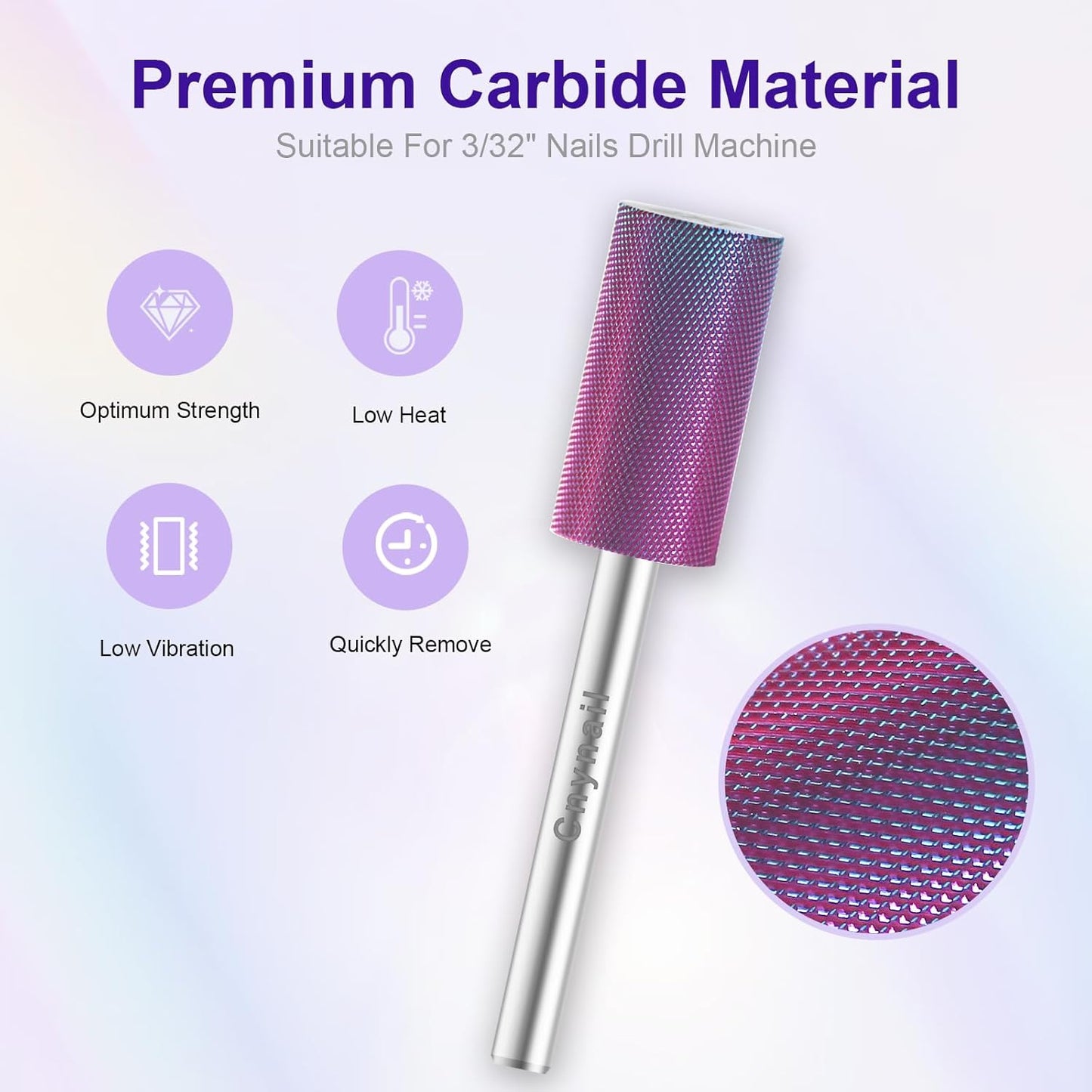 3/32" Large Barrel Bit Tungsten Carbide Nail Drill Bit Safety Bit for Gel & Acrylic Removal, 2- Way Rotating Efile Tip, Salon Electric File Accessory (XXF Girt, Purple)