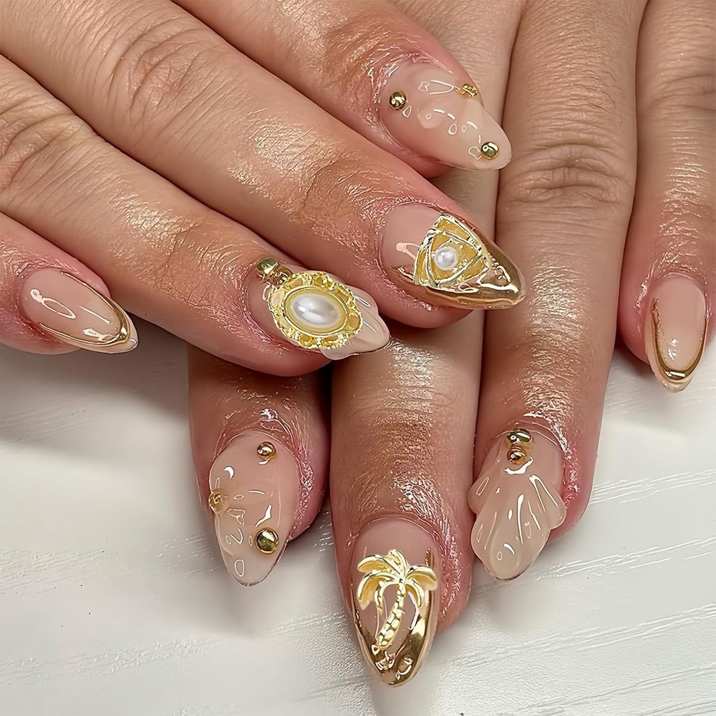 24Pcs Gold Starfish Seashell Charms for Nails Alloy Summer Beach Nail Rhinestones Ocean Theme Nail Art Jewelry Coconut Tree Starfish Pearl Nail Supplies for Nail Art Designs DIY Manicure Decoration