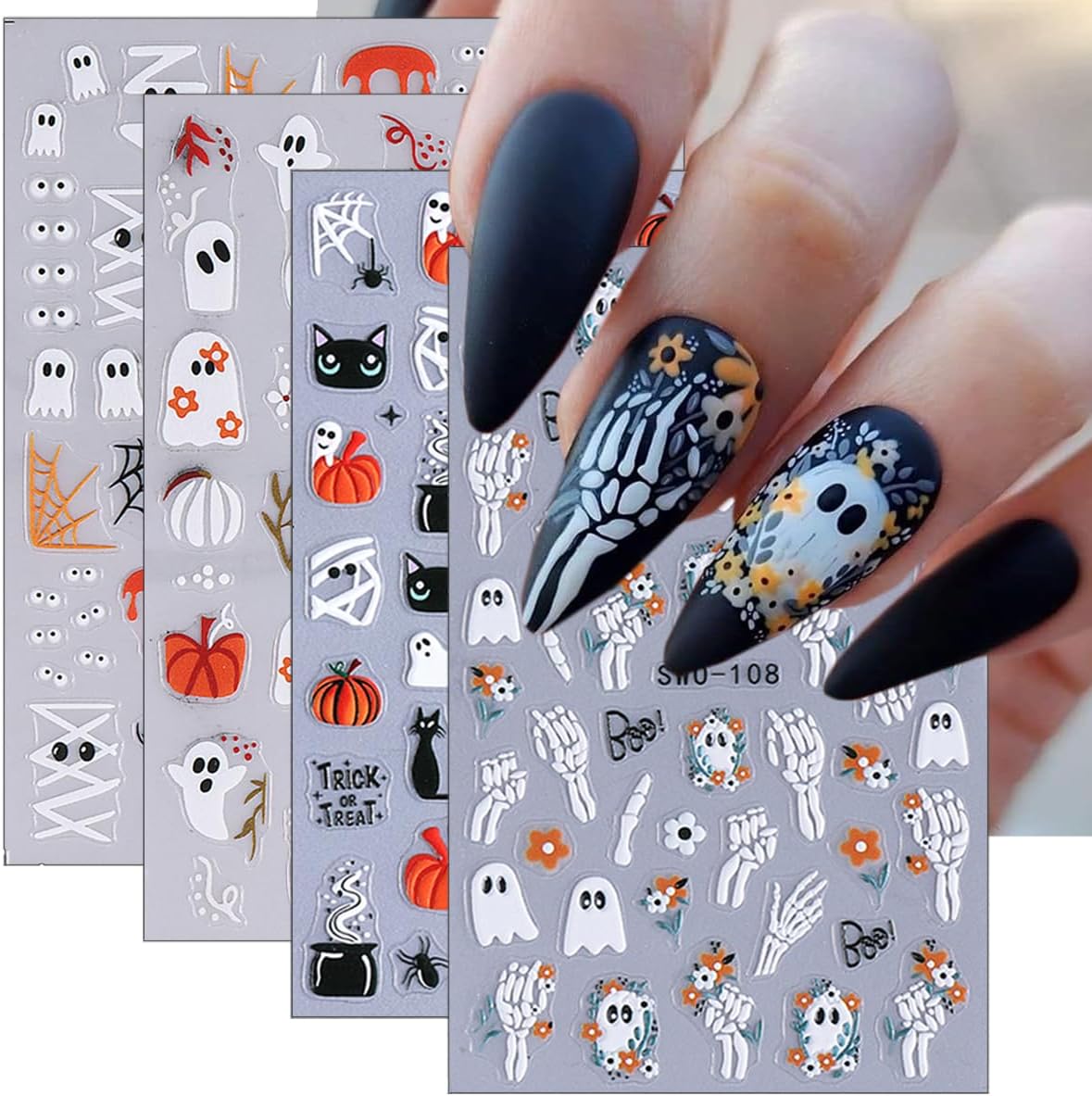 4 Sheets Halloween Nail Art Stickers Decals Cute Cat Ghost Nail Decals 3D Self-Adhesive Pumpkin Spider Web Skeleton Flower Nails Stickers Halloween Nails Supplies for Women Manicure Decor