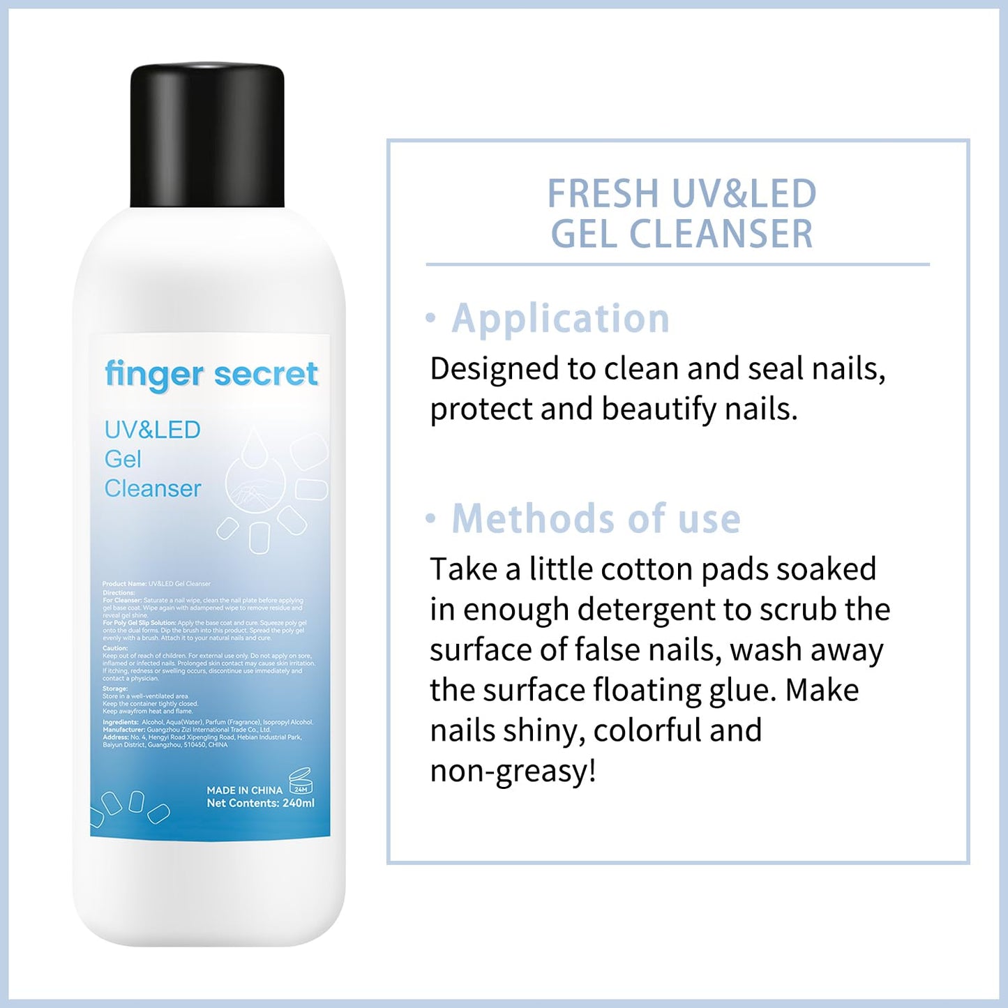 Gel Cleanser for Nails,finger secret Gel Nail Cleanser 240ml,Fresh UV&LED Gel Cleanser,Nail Surface Cleanser for Gel Nails,Nail Cleaning Solution for UV Polish Lacquer Care