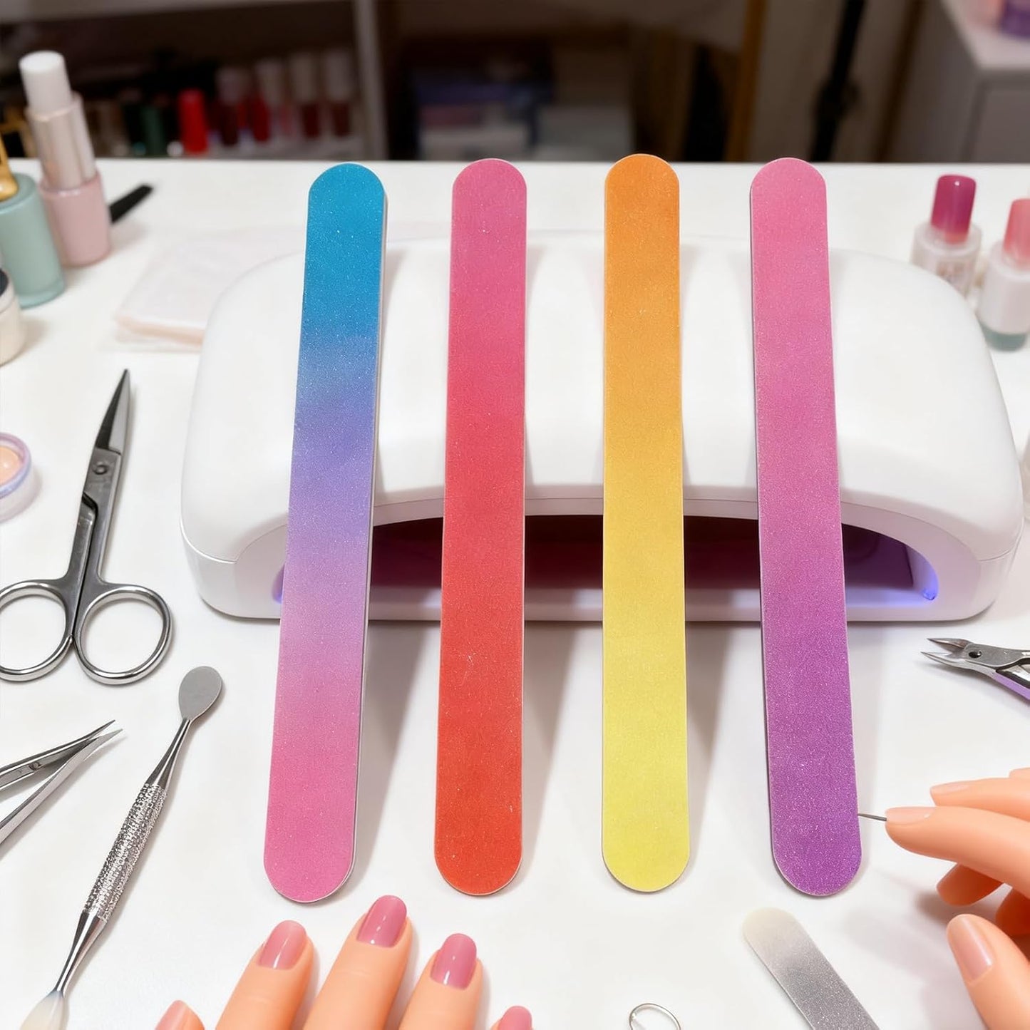 24 Nail Files, Colored Emory Plate Nail Files Double Sided 180 Grains Professional Manicure Emory Plate Buffer Pedicure Tools Nail Shaping Polishing Files (Gradient Color, Count, 24, 100/180 Grit)