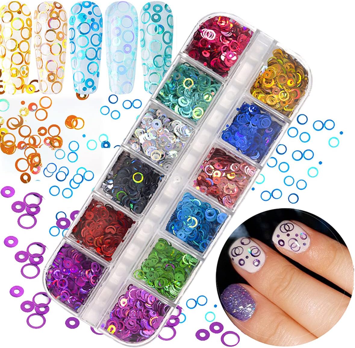 12 Colors Laser Circle Nail Glitter Sequins 3D Nail Art Decor Holographic Round Shape Flakes Nail Shiny Design Acrylic Nails Supplies Women Girls Manicure Nail Charms Decor DIY Crafts Decorations