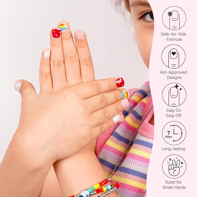 DANNI & TONI Kids Gel Nail Strips Rainbow Rabbit Salon-Quality Peel & Stick Manicure for Children (Age 6+)– Safe, Long-Lasting, Easy to Apply |Rainbow Pop