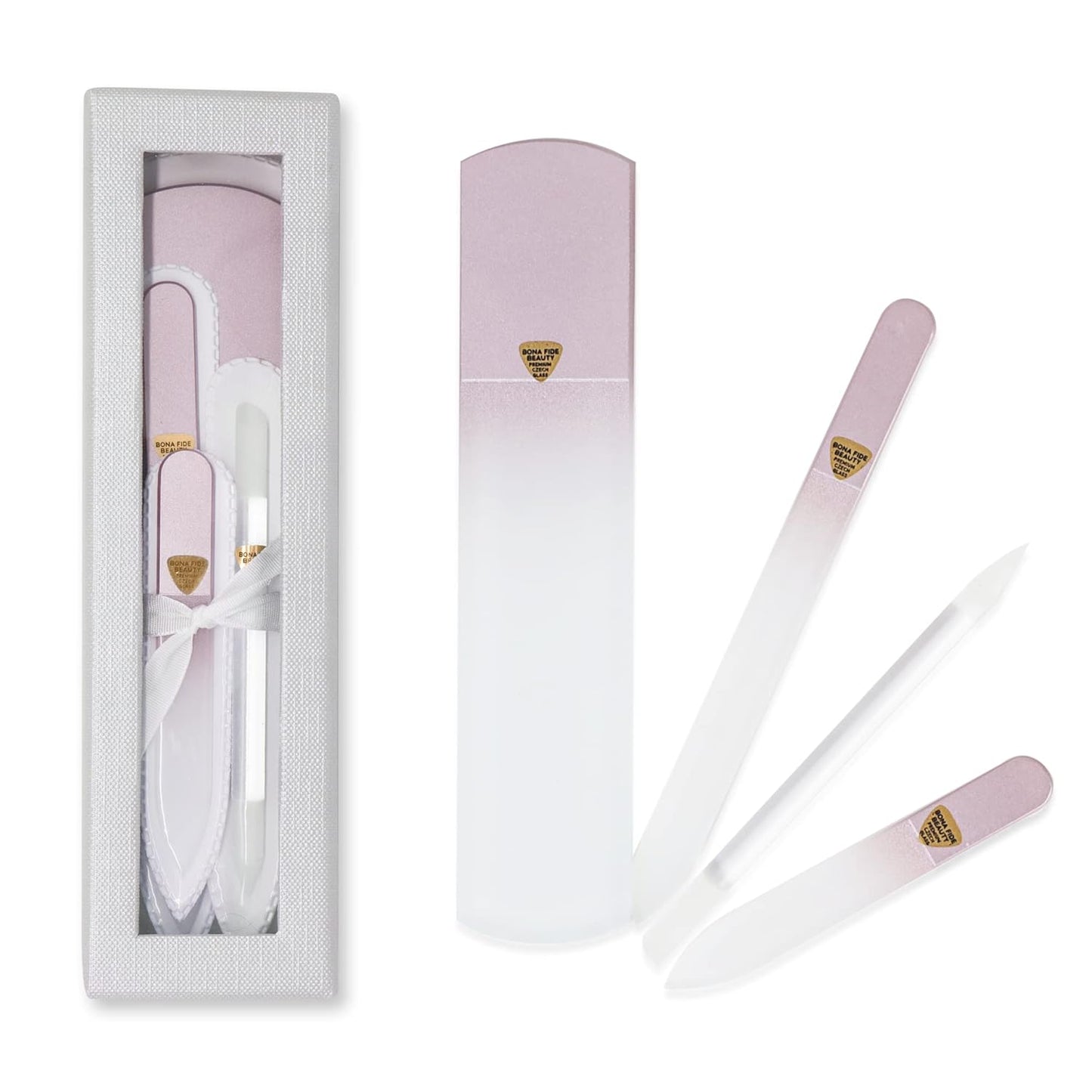 Bona Fide Beauty Handmade Czech Glass Manicure Pedicure Gift Set for Women, 4PC Gift Set in Rose Gold with Glass Foot File, Cuticle Pusher, Mini File and Regular Nail Filer