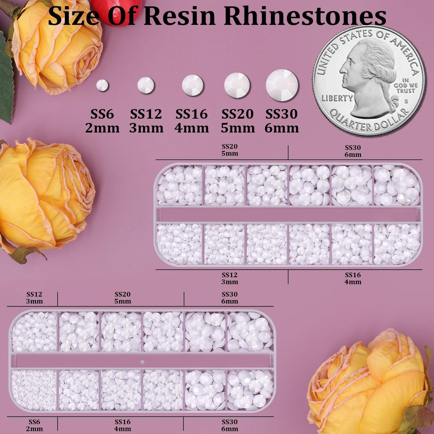 Resin Rhinestones for Crafting, 2 Boxes White Flatback Crystals for Bedazzling Crafts DIY Nail Art Decoration, Non Hotfix Bulk Gems for Tumbler Shoes Clothing Fabric Face Makeup