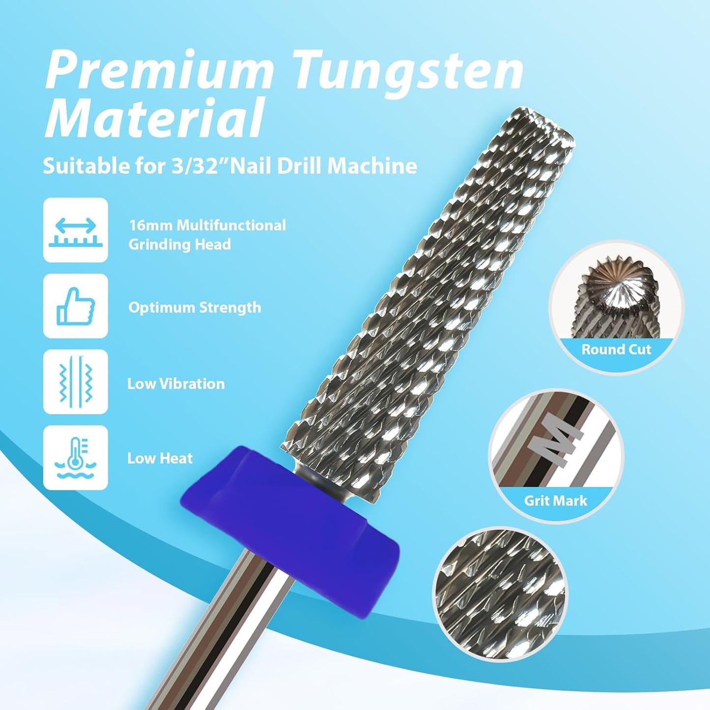 16mm 5 in 1 Nail Drill Bits for False Nail Apply, 3/32'' Tapered Tungsten Carbide Professional Bit, Slender Bit for Corners, Left & Right Hand Use, Manicure Cuticle Gel Polishing, Medium.