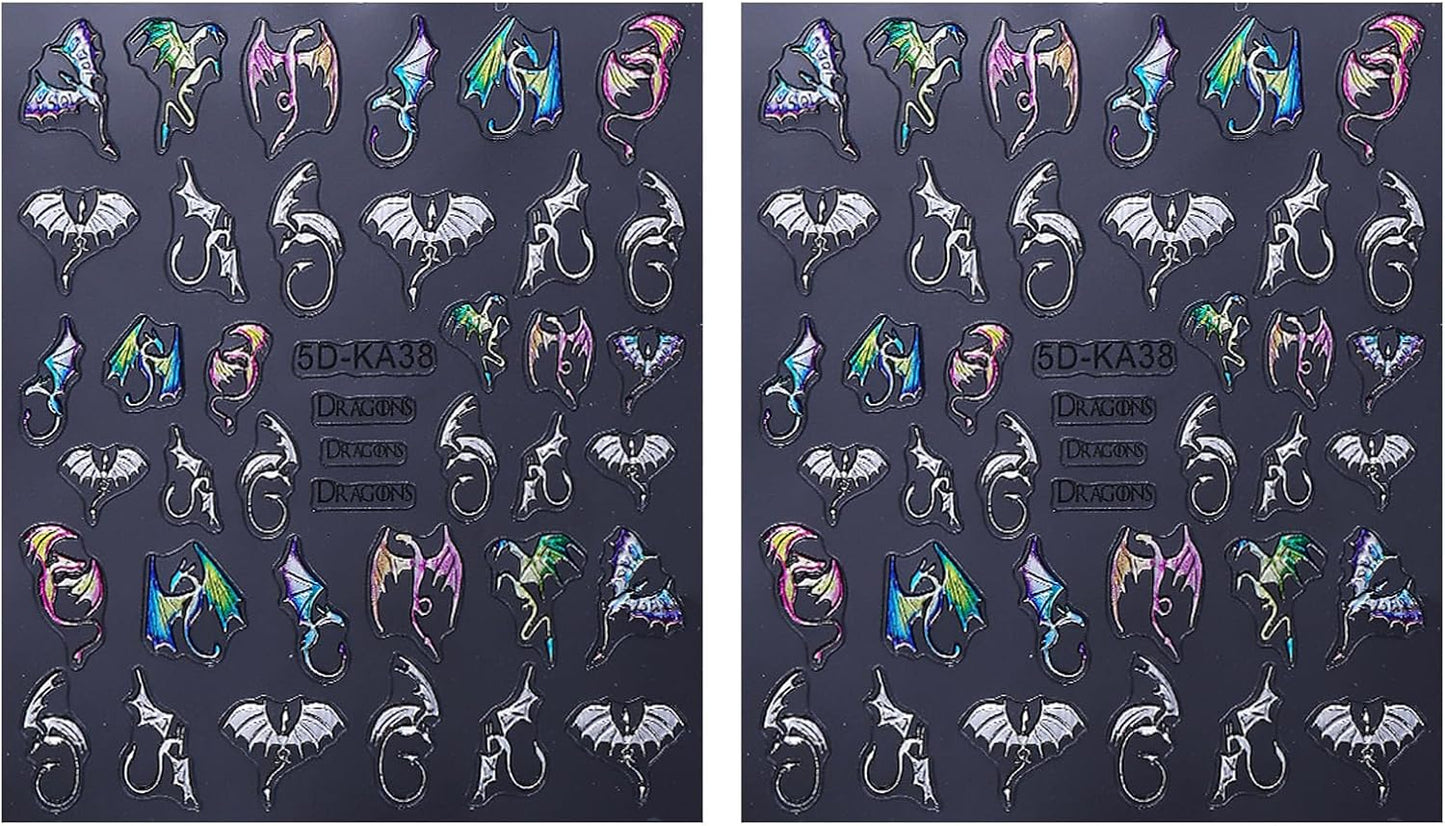 Halloween Bat Nail Art Stickers 5D Embossed Colorful Silver Bats Dragon Nail Decals Self-Adhesive Laser Gothic Dragons Nail Designs Manicure Sliders Halloween Nail Supplies for Women Nail Decor, 2PCS