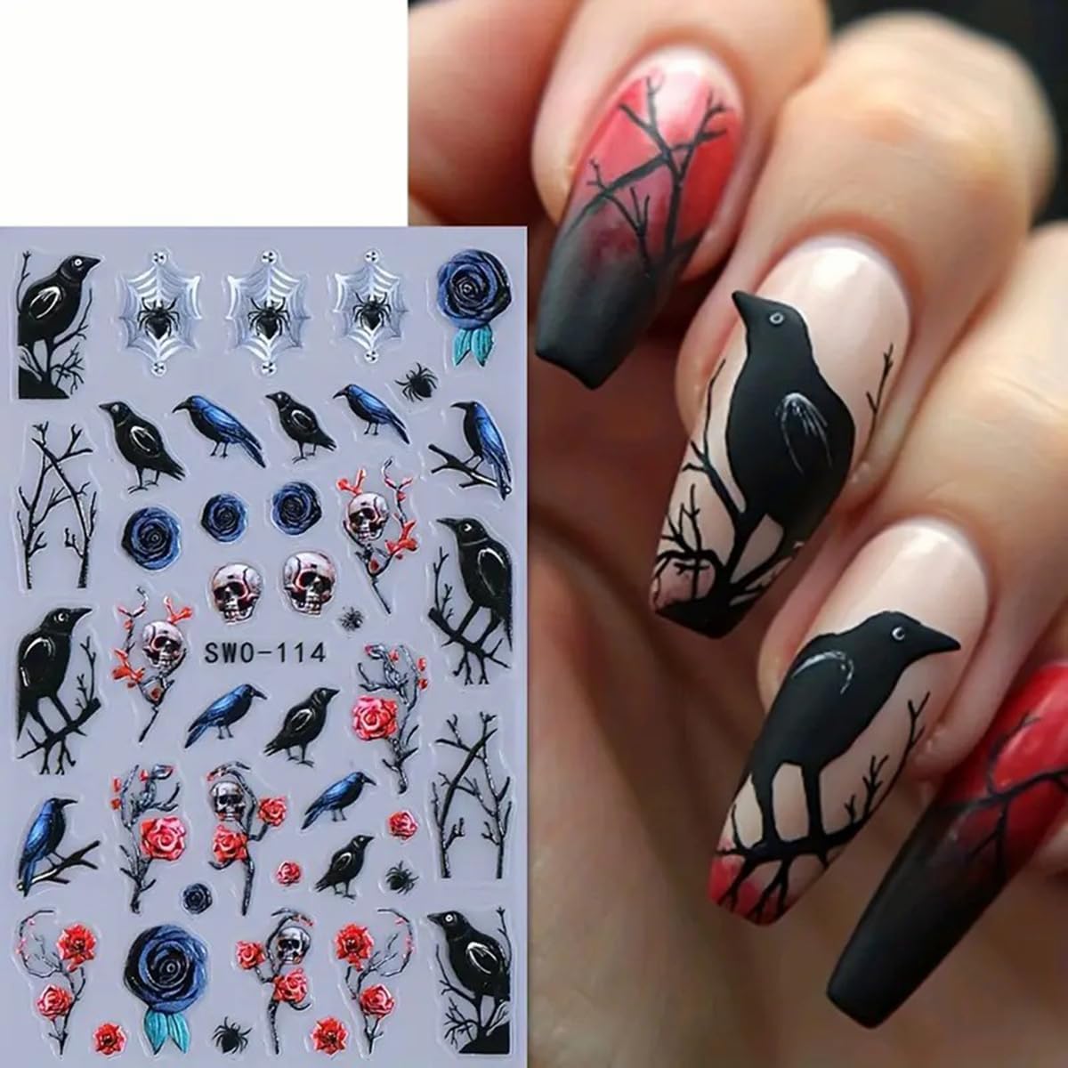 Halloween Nail Art Stickers Decals Black Style 5D Halloween Nail Stickers 2PCS Birds Skull Rose Spider Web Designs Nails Adhesive Decals Nail Art Supplies Holiday Manicure Sliders for Women
