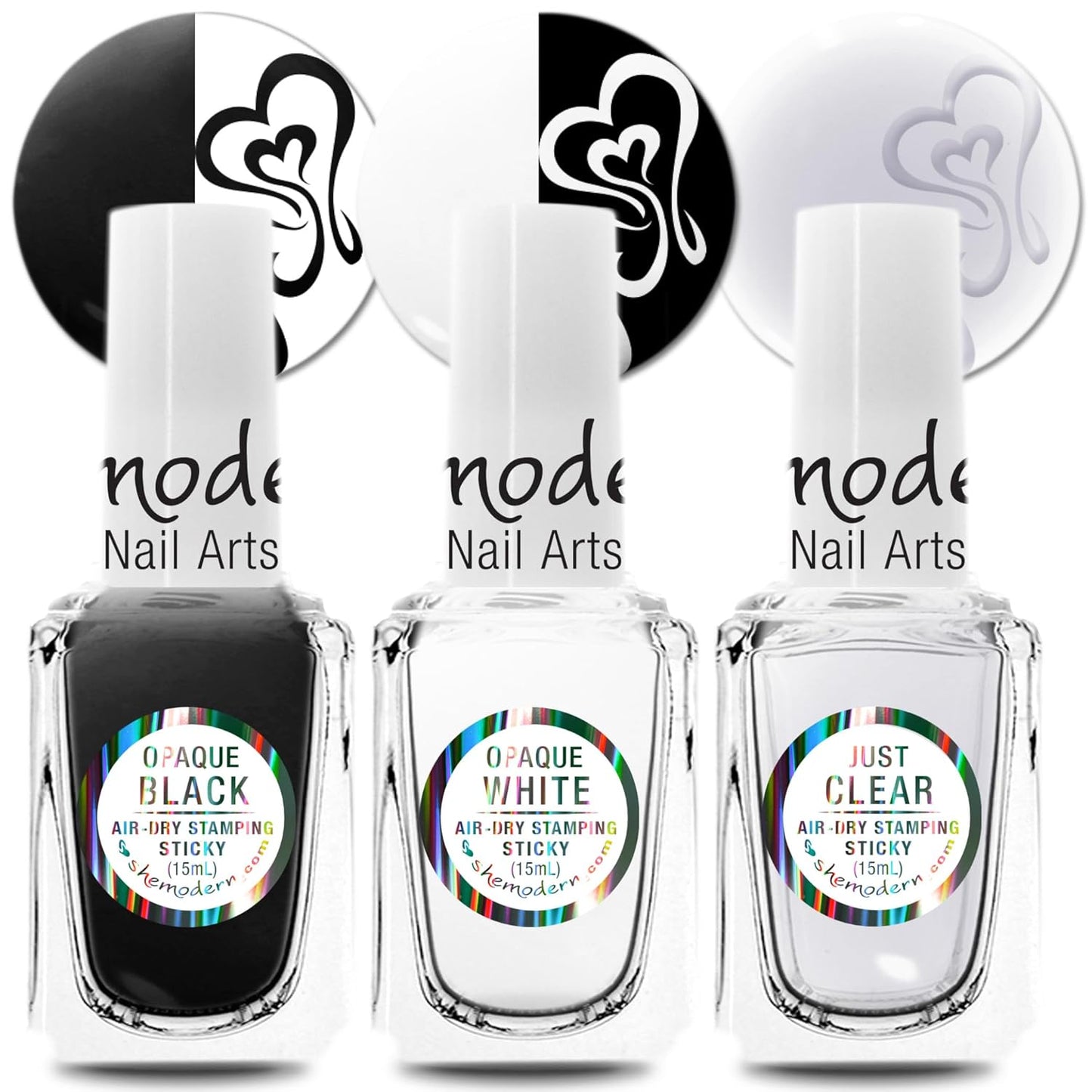 SheModern STICKY BLACK + WHITE + CLEAR Stamping Polishes (Set 1) For Nail Art Design Air-Dry Collection. More Transfer Time with Tacky Surface for Easy Adhere of Pigment, Glitter