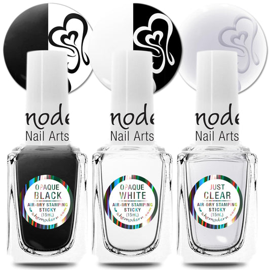 SheModern STICKY BLACK + WHITE + CLEAR Stamping Polishes (Set 1) For Nail Art Design Air-Dry Collection. More Transfer Time with Tacky Surface for Easy Adhere of Pigment, Glitter