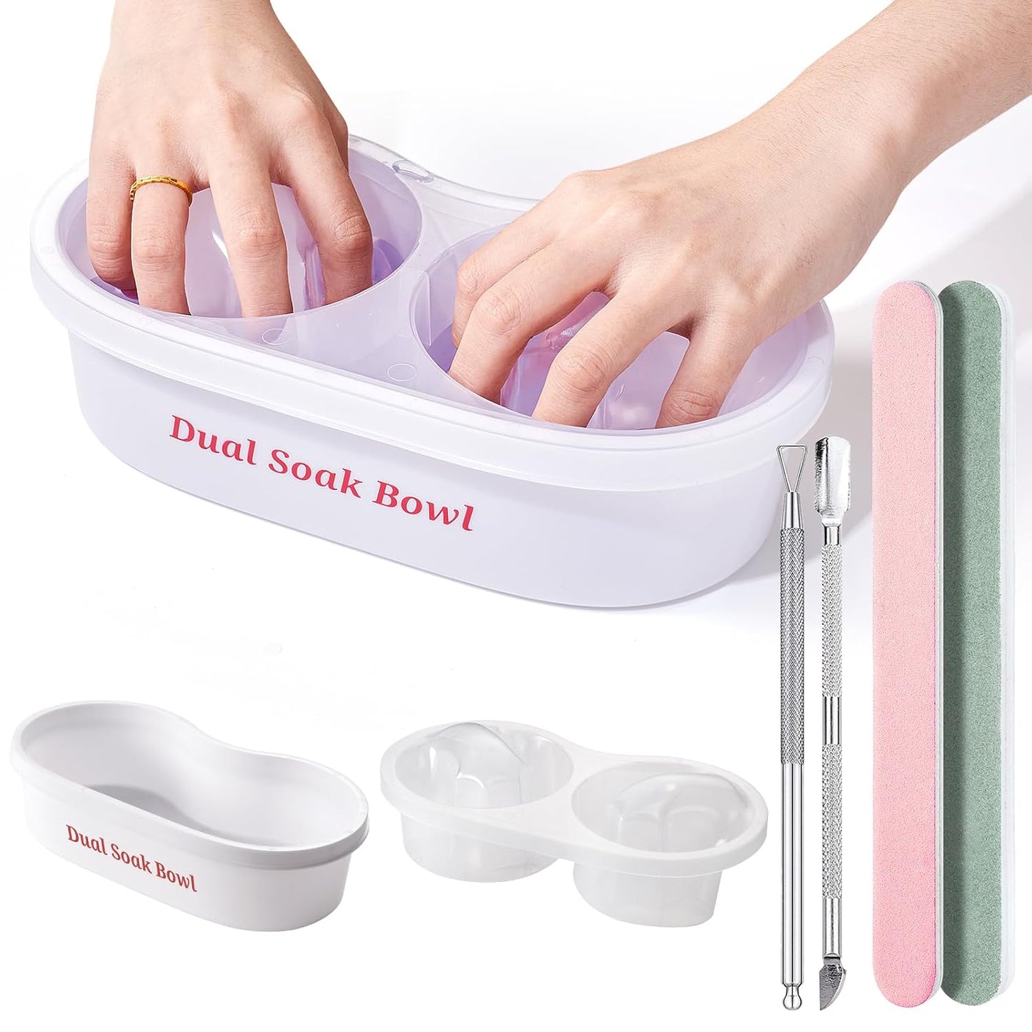Dual Nail Soaking Bowl Acetone Proof: Nail Polish Acrylic Nail Remover Soak Off Bowl- Dip Powder Remover Manicure Bowl for Salon Home Use (D1-White)