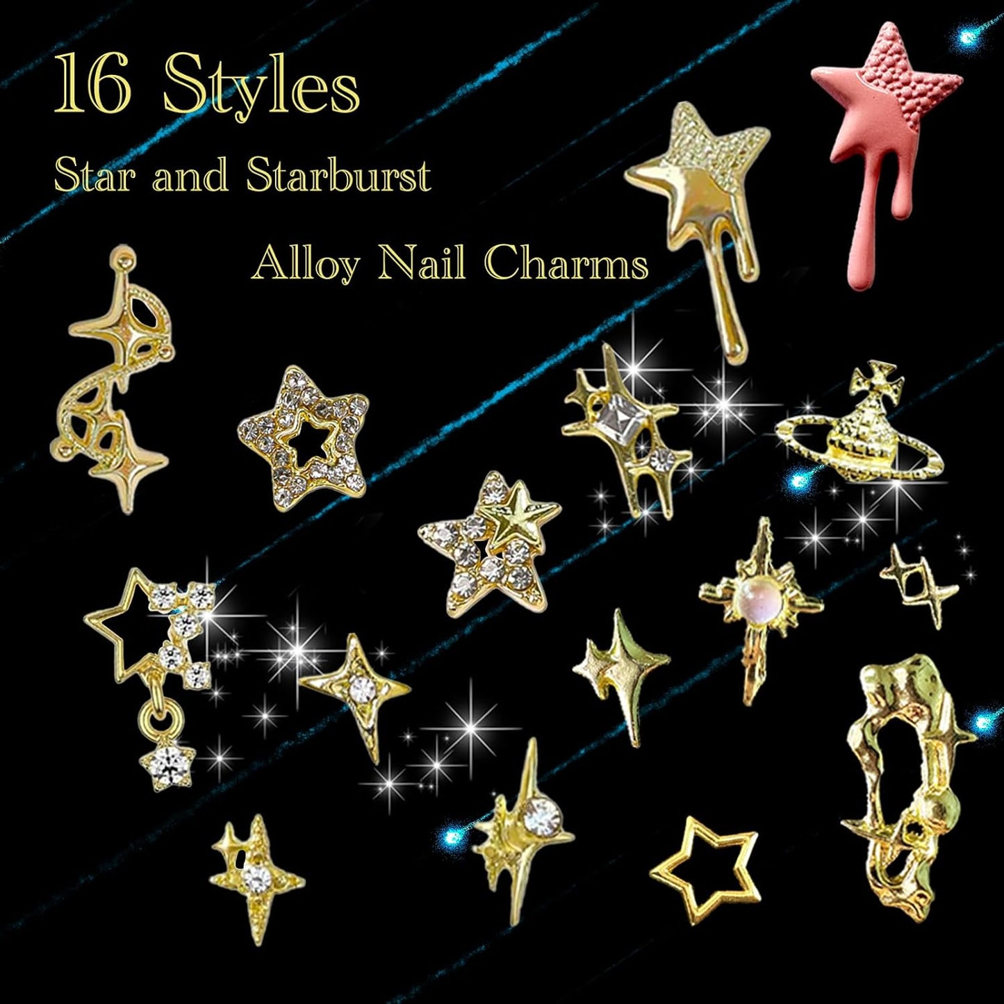 124PCS Star 3D Nail Charms for Acrylic Nails, Gold Alloy Nail Gems Starburst Nail Accessories, Nail Rhinestones for Nail Art Supplies Manicure Craft DIY
