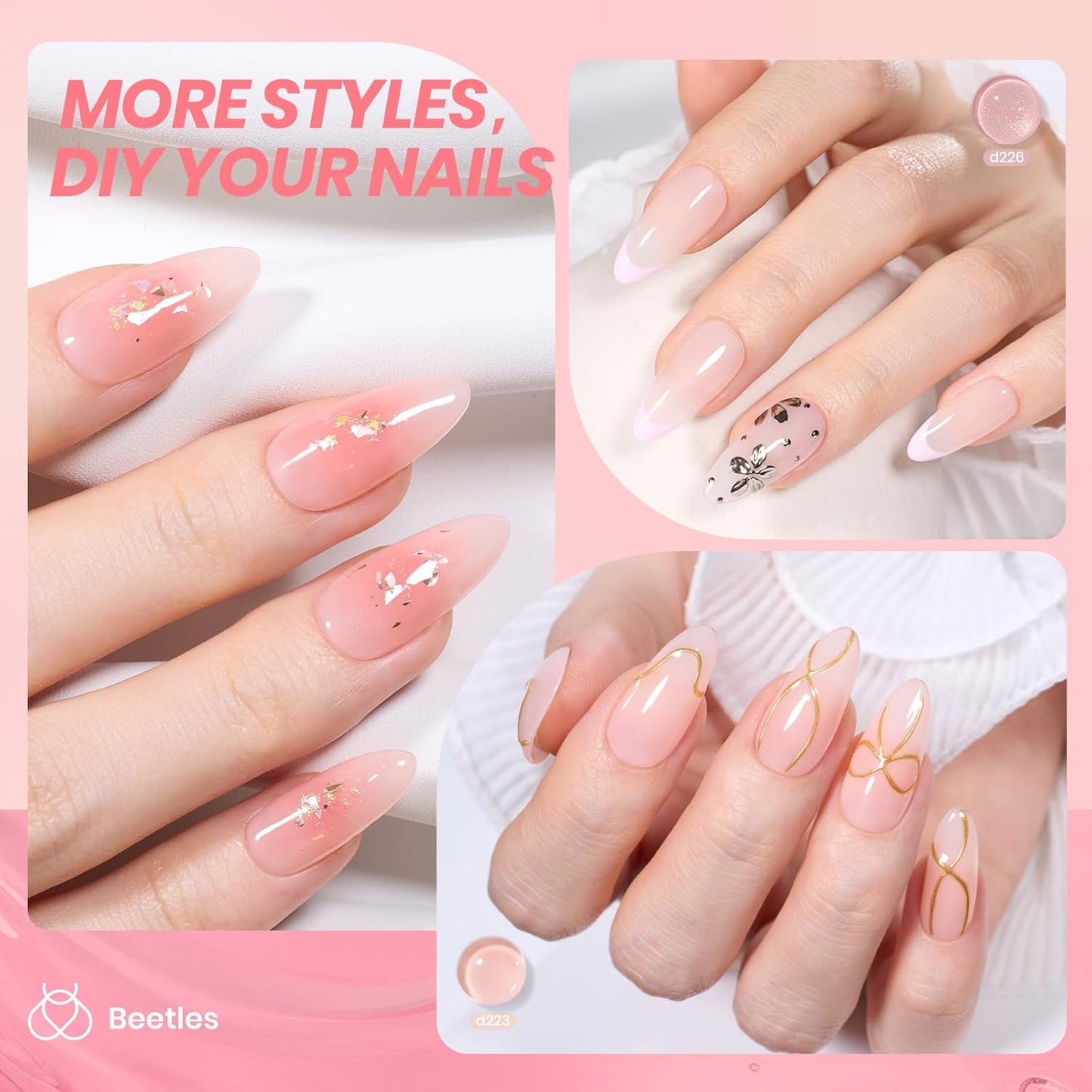 Beetles Nude Gel Nail Polish Set - 6 Colors Nude Pink Jelly Gel Polish Kit Neutral Shimmer Translucent Sheer Gel Soak off Uv Nail Concealer French Nail Art Manicure Gift for Women