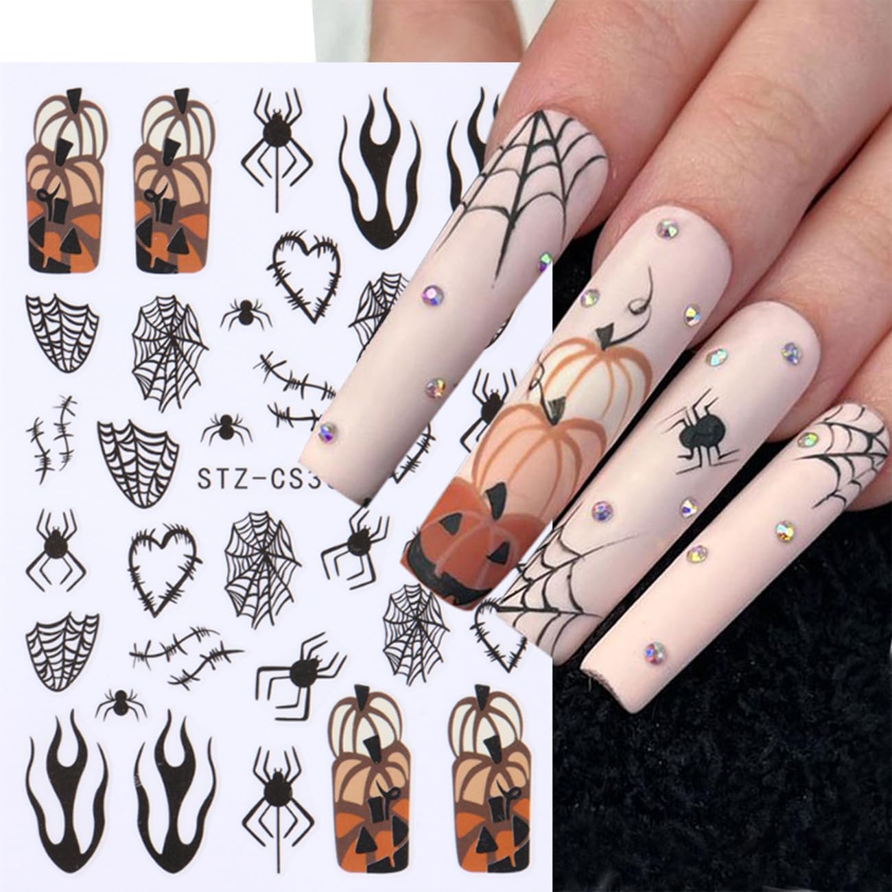 6Sheets Halloween Ghost Nail Stickers for Nail Art Set - 3D Skull Spider Heart Pumpkin Flame Star Cartoon Cute Designs Nail Decals Foil Transfer Sliders Holiday Party Halloween Manicure Decorations