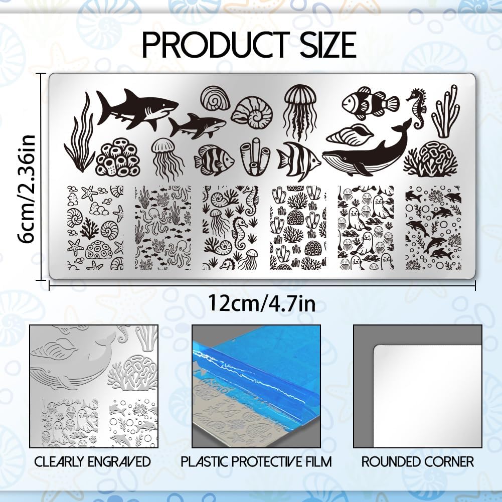 UNICRAFTALE 3Pcs Summer Nail Stamp Plates Set Ocean Series Nail Stamping Plate Turtles Shark Medusa Image Nail Stencils Conch Nail Art Stamping Template with Nail Scraper for Women Nail Design Tools