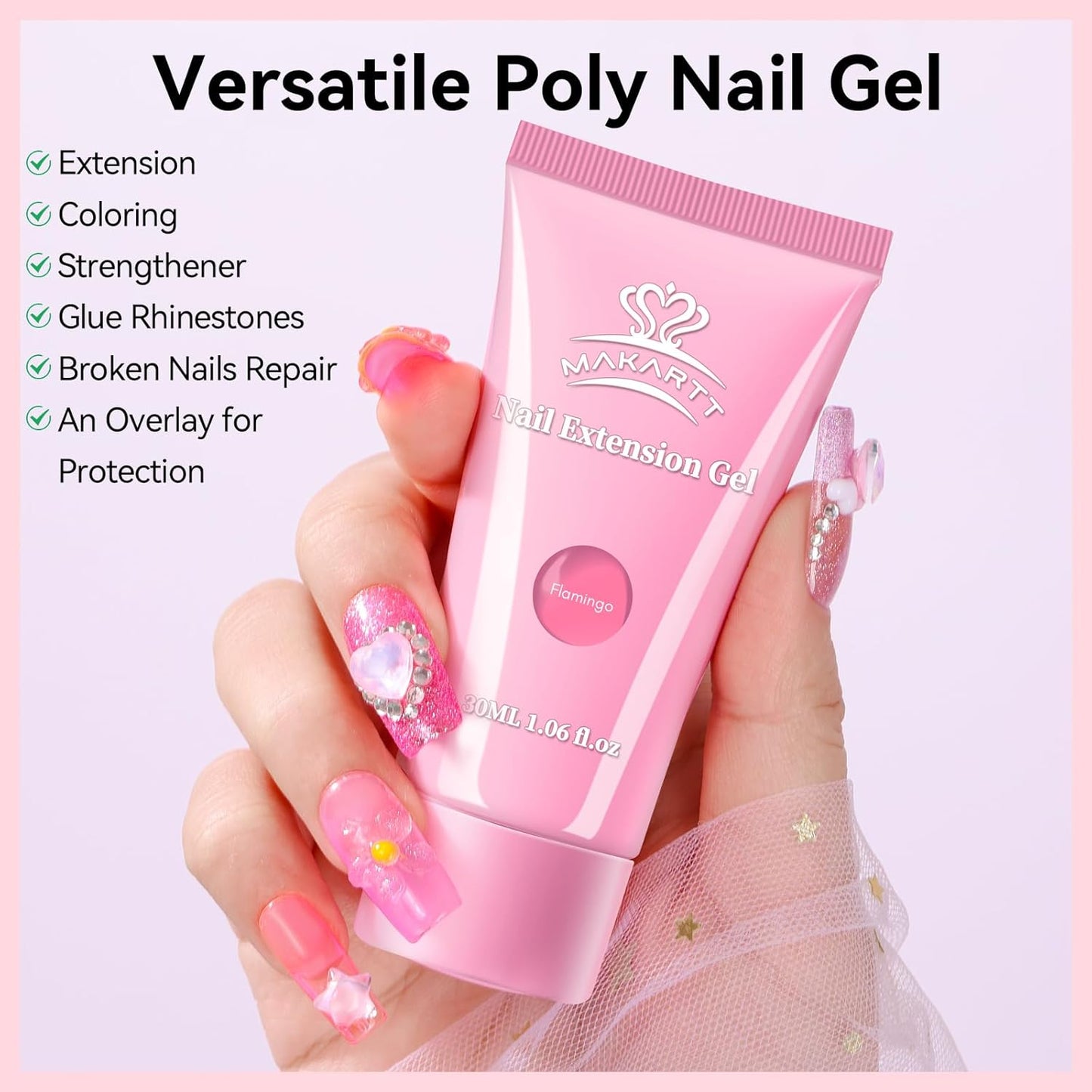 Makartt Poly Nail Gel Set: White & Hot Pink Color, Strong Builder for Extension Strengthener 3D Diy, Long-lasting for Nails French Manicures Home Salon-2PCs 30ML