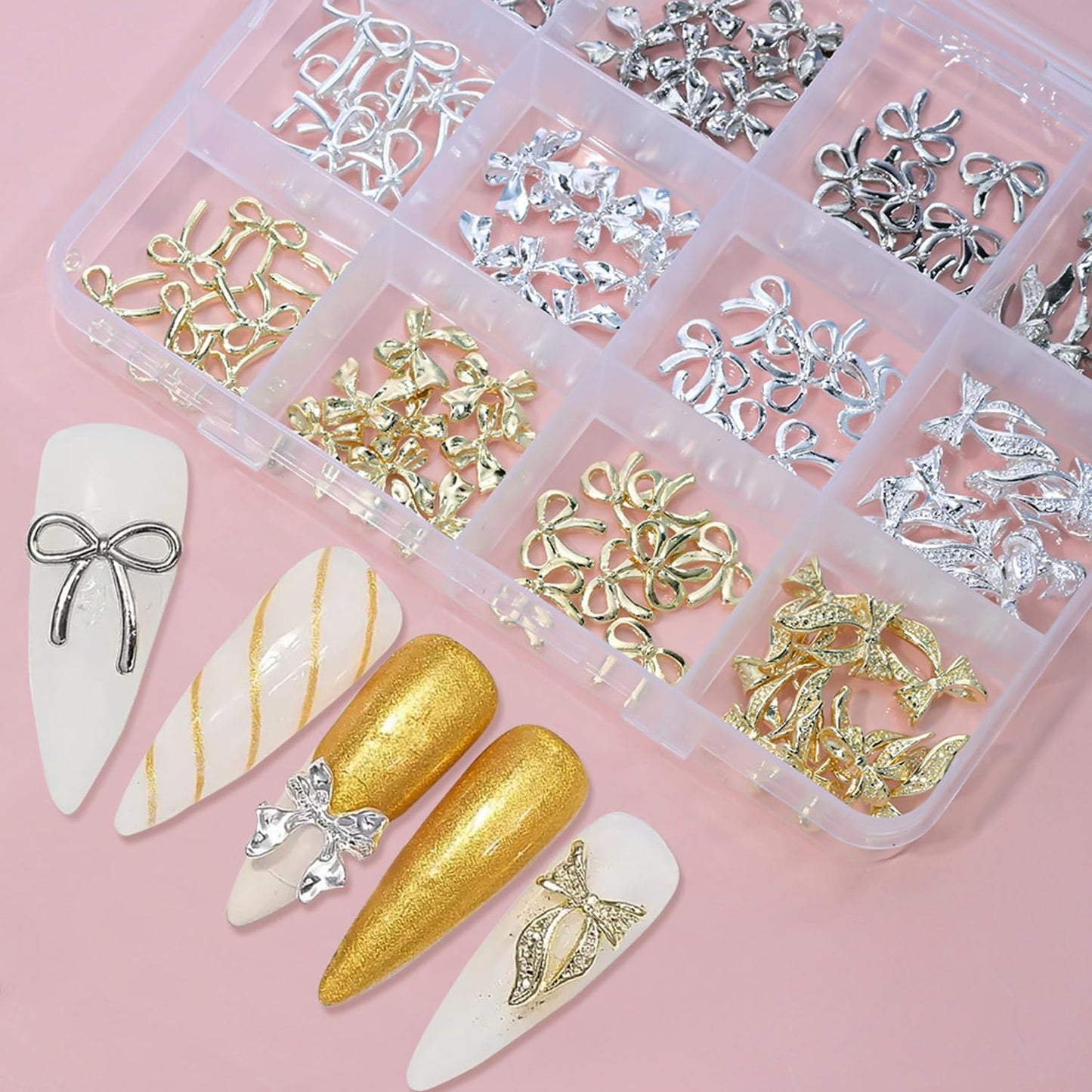 96Pcs/Box 3D Metal Bow Nail Art Charm Gold/Silver Alloy Bows Nail Charm for Nails Art 3D Alloy Bow Tie Jewelry Nail Rhinestone Kawaii Nail Crafts Decor DIY Accessories Manicure Designs Supplies