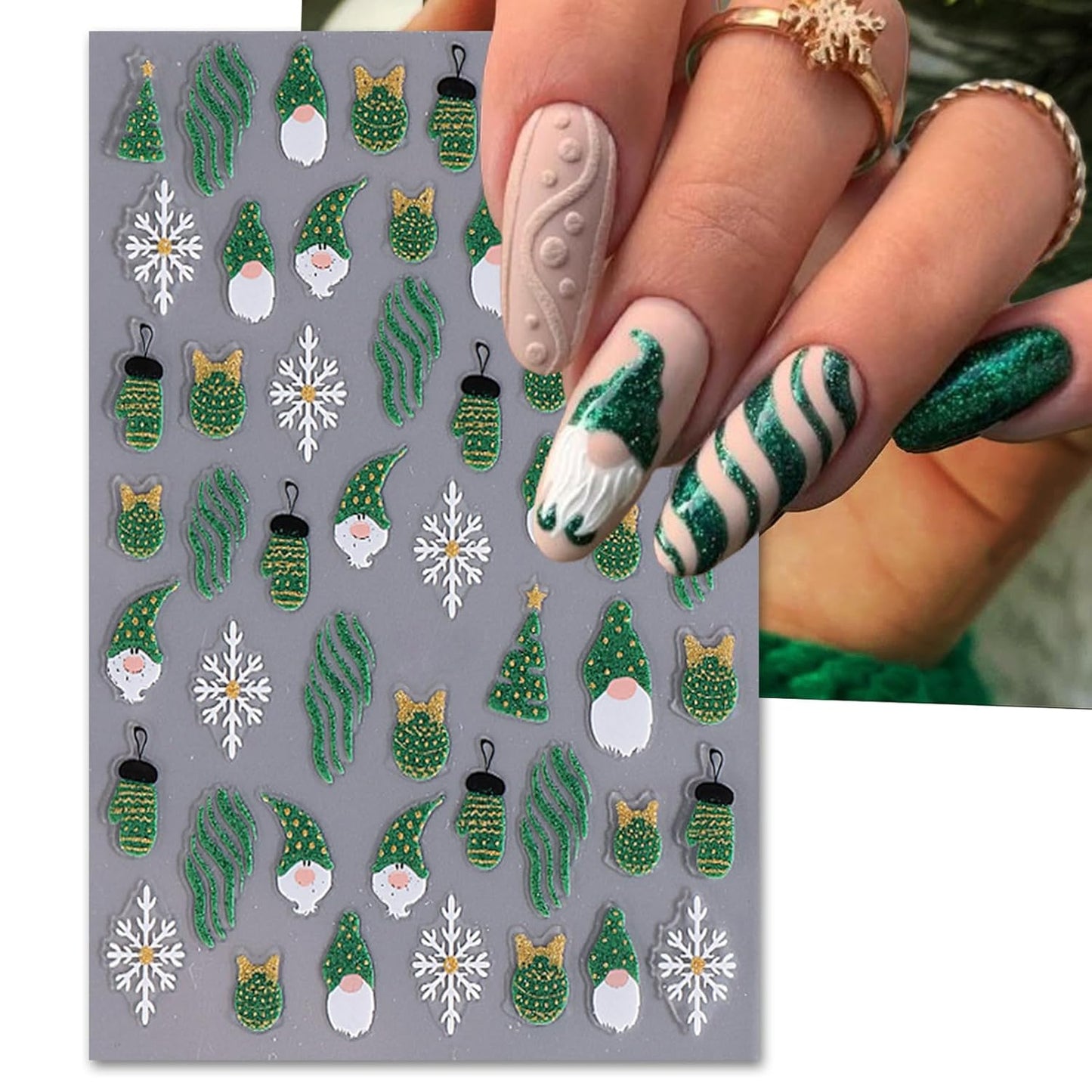Christmas Nail Art Stickers, Self-Adhesive Green Santa Hat Snowflake Elk Xmas Tree Design for Holiday Nail Decals, Pegatinas Uñas Navidad DIY Decorations (6 Sheets)