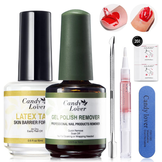 Candy Lover Gel Nail Polish Remover Kit, Latex Tape Peel Off Liquid and Gel Polish Remover with Cuticle Pusher & Nail File, Remover for Nails in 3-5 Minutes, No Need Soaking or Wrapping
