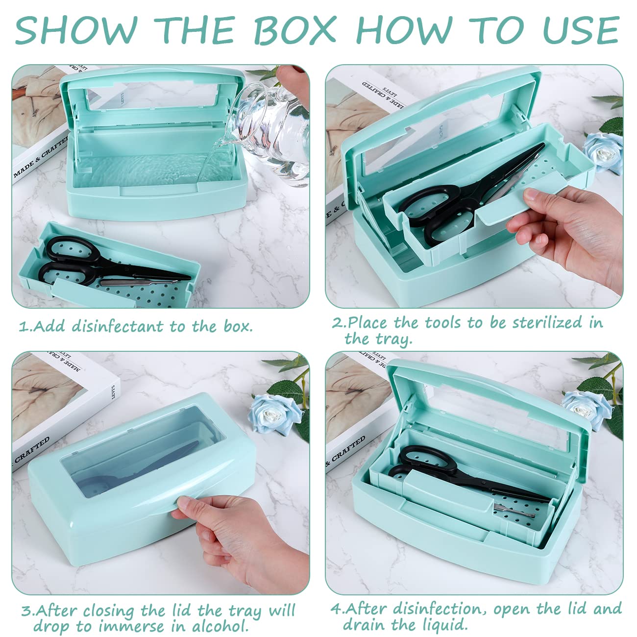Gusnilo Barbicide Disinfectant Box Nail Art Tools Sanitizing Tray Disinfectant Container Nail Tool Sterilizer Box Plastic Clean Sterilizer Box Storage Organizer for Nail Manicure Tool (Light Green)