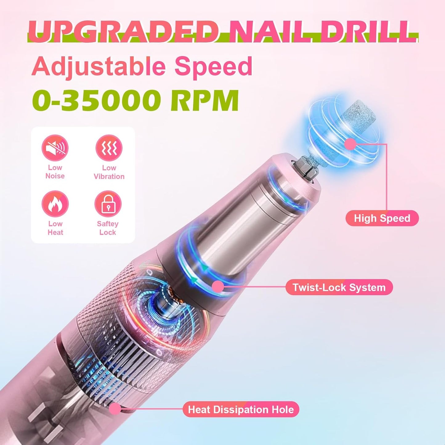 Electric Nail File, 35000RPM Nail Drill Kit with Bits, Professional Nail Drill Cordless for Acrylic Nails, Portable Rechargeable Nail Filer Electric, Efile Nail Drill Acrylic Nails Tool (Yellow Pink)