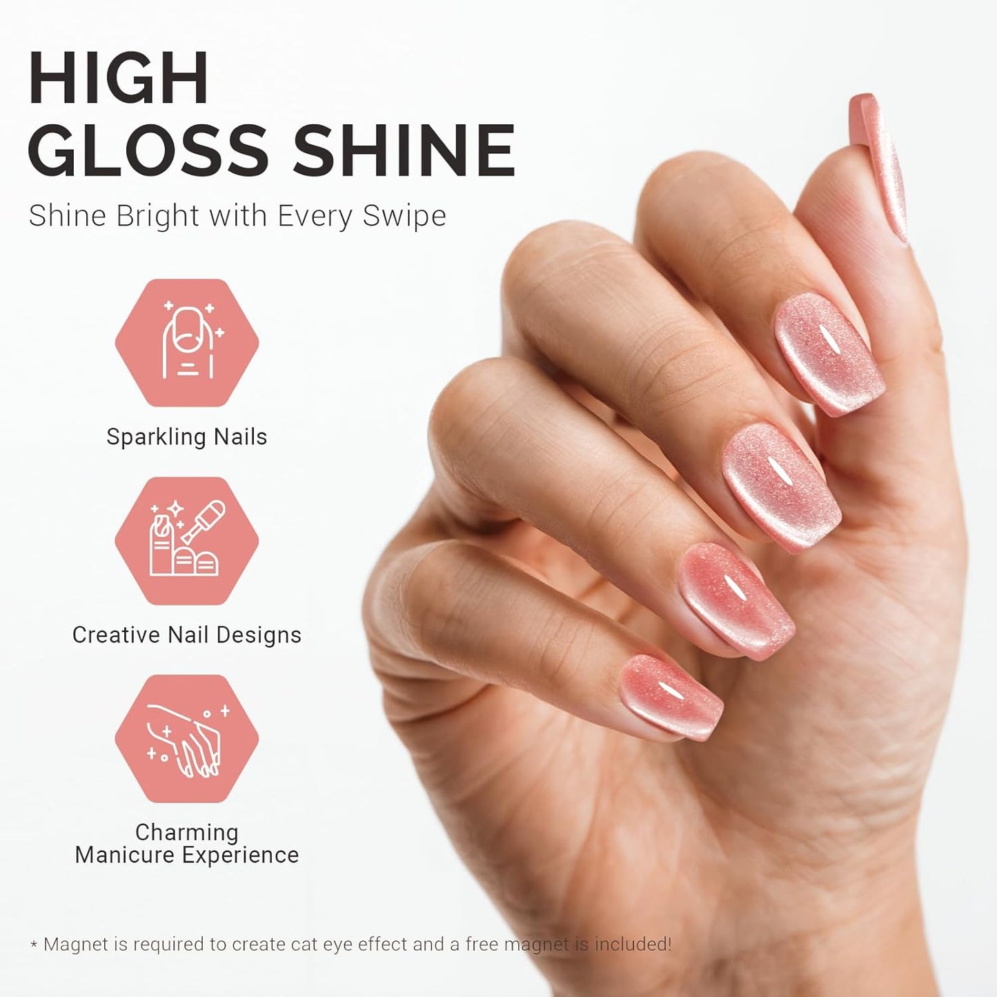MelodySusie Jeweliver Cat Eye Gel Nail Polish, 0.5 Fl Oz Coral Pink Glitter Holographic Magnetic Nail Polish with Magnet, UV Nail Polish for Nail Art Manicure Salon DIY at Home C45