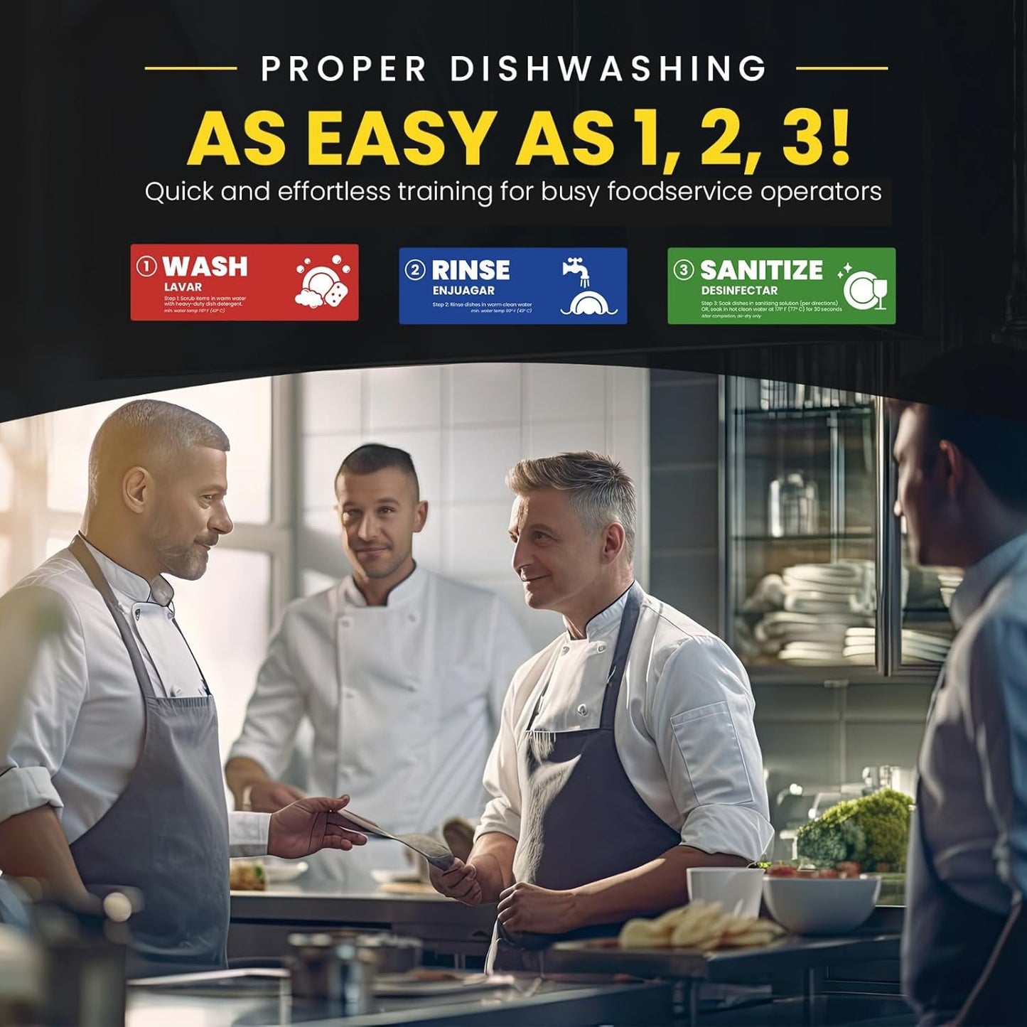 [Enhanced] Wash Rinse Sanitize Sink Labels, Hand Wash Only, and Employee Must Wash Hands | 3 Compartment Sink Stickers | Training Labels for Dishwashing | Food Service Operators (1 Set: 6 x 2 in)