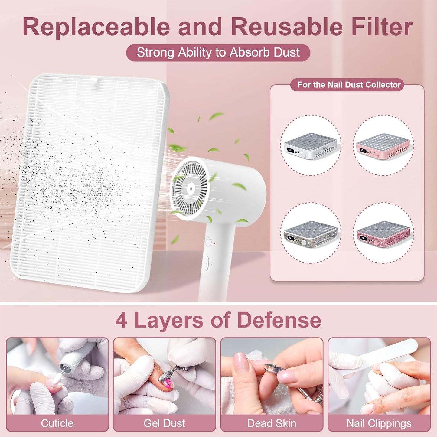 Nail Dust Collector with 2 Reusable Filters,Nail Vacuum Dust Collector Quiet for Nail Tech Art, Powerful Nail Fan and Duster Collector,Nail Vacuum Cleaner for Salon and Home(Pink Diamond)