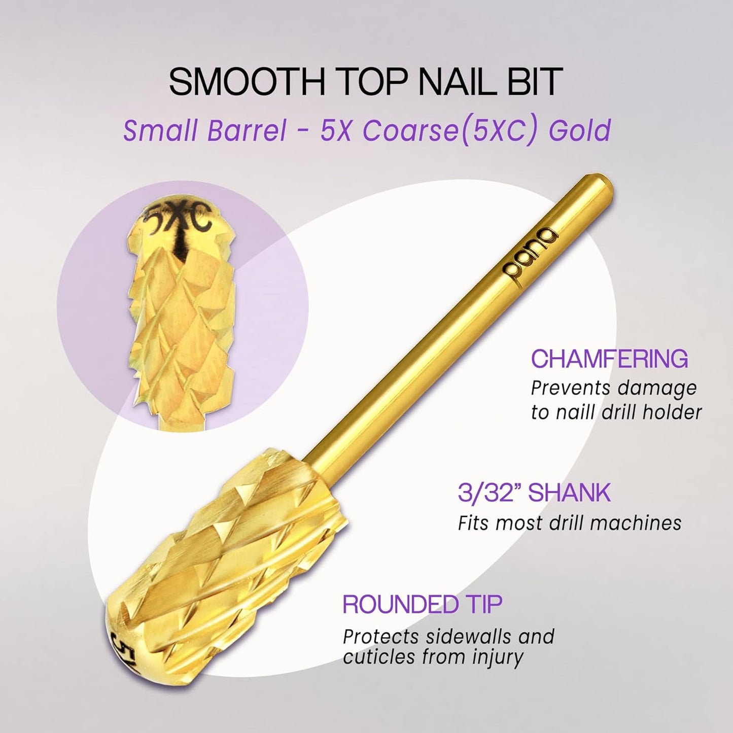 PANA Smooth Top Small Barrel 3/32" Shank Size - (Gold, 5X Coarse Grit) - Fast remove Acrylic or Hard Gel Nail Drill Bit for Manicure Pedicure Salon Professional or Beginner