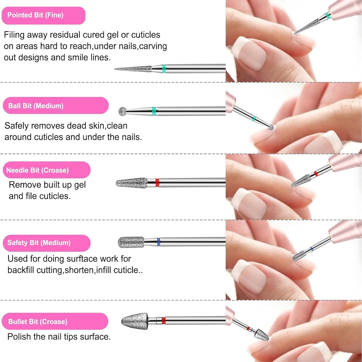 30Pcs Nail Drill Bits Set, 3/32 Inch Tungsten Ceramic Diamond Carbide Nail Drill Bits for Acrylic Gel Polish, Cuticle Efile Remover for Manicure Pedicure