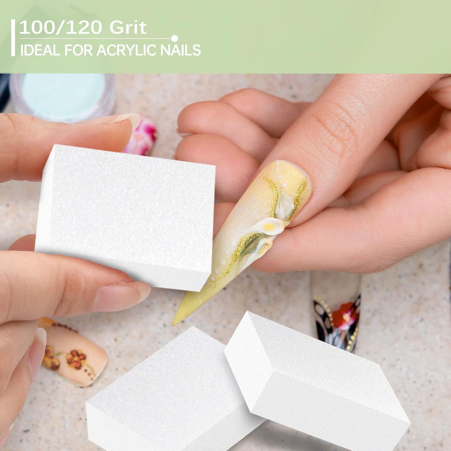 Maryton Mini Nail Buffer Blocks - 100/120 Grit Professional Salon White Buffers - Buff Nails Prior to Application of Gel Polish, Acrylic, 50 Count