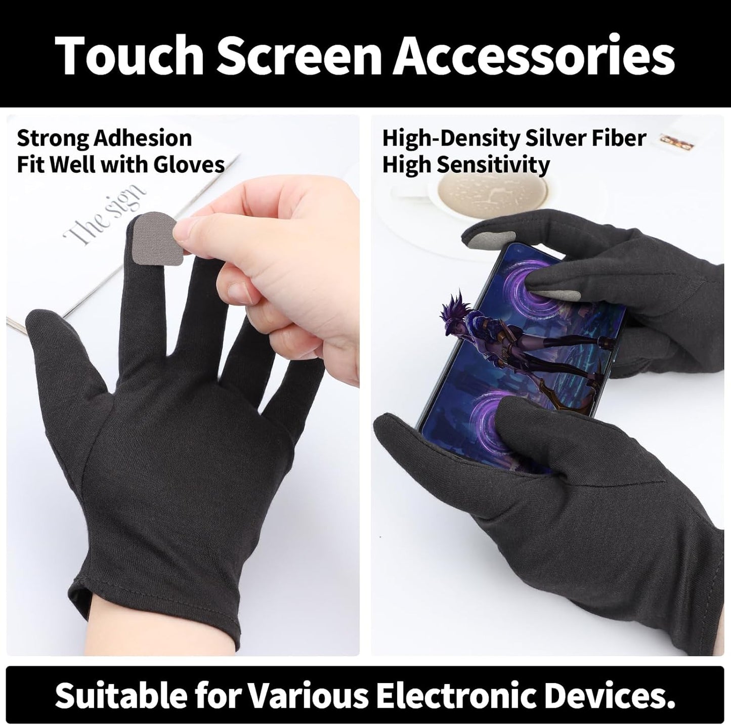 5 Pairs Small Black Cotton Gloves for Dry Hands Sleeping, Black Work Gloves for Coin Handling, Jewelry, Photography for Men and Women, with 20 Touchscreen Stickers