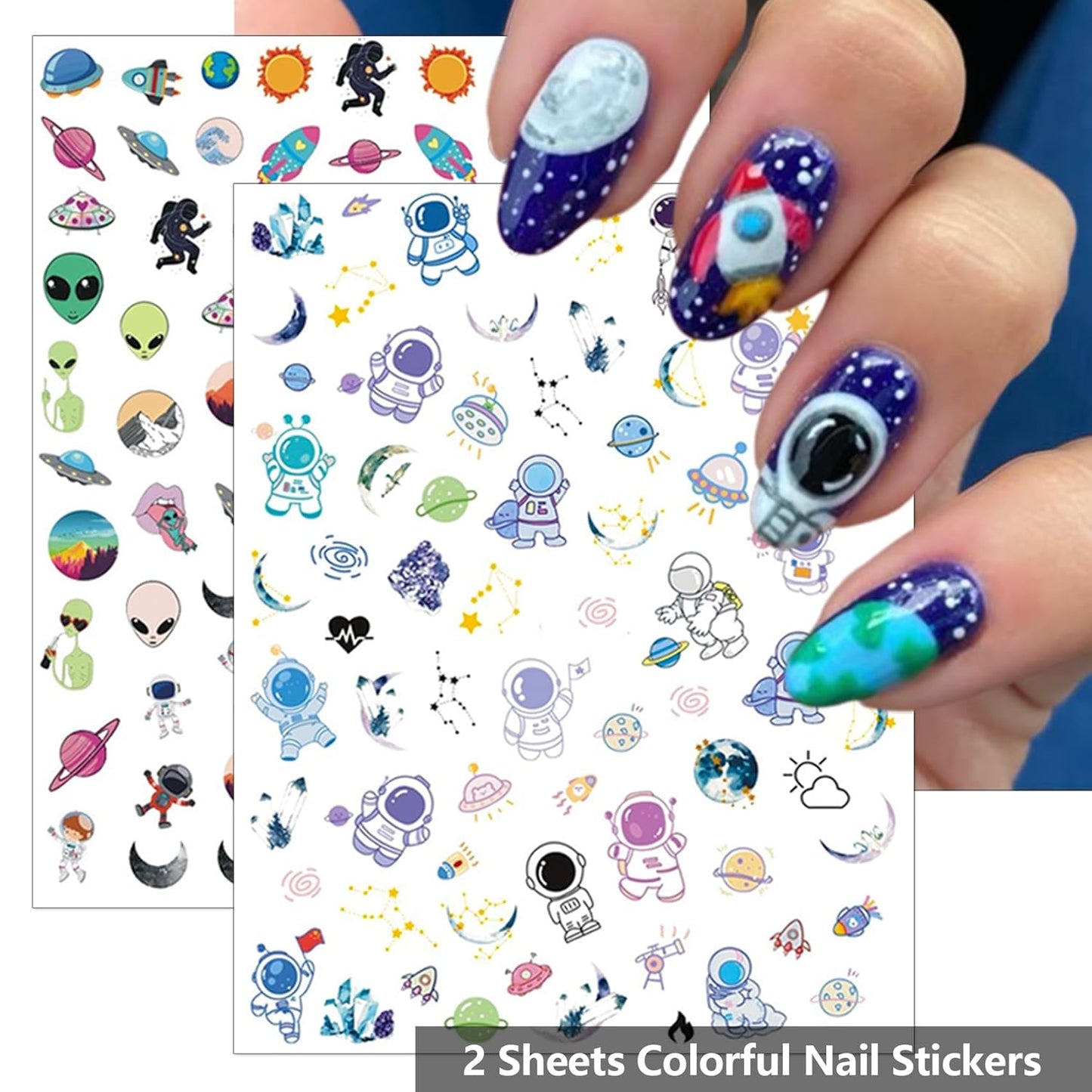 Alien Nail Art Stickers - Glow in The Dark ET UFO Astronaut Rocket Design Self-Adhesive Nail Decals for DIY Extraterrestrial Space Moon Star Manicure (6 Sheets)