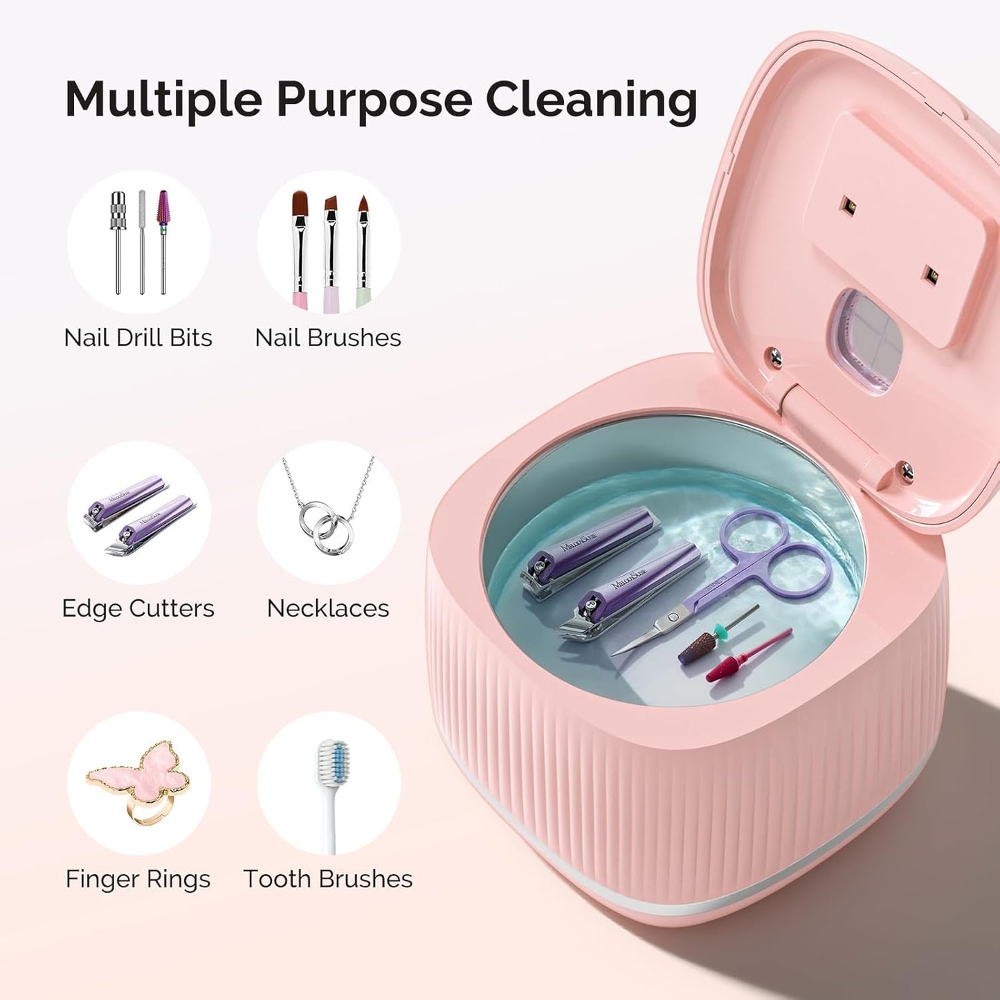 [2025 Upgraded] MelodySusie 2 in 1 Nail Tool Cleaning Machine, 3 Timers Mode for Nail Drill Bits, Nail Art Brush, Nail Clipper, Jewelry Cleaning, Salon & Home Use, Pink,DL-160