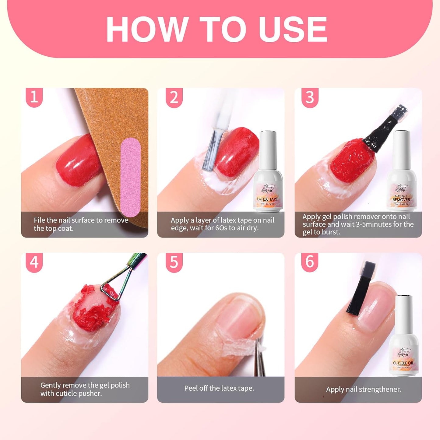 Gel Polish Remover Kit, 15ml×3 Set with Gel Polish Remover for Nails & Cuticle Oil & Liquid Latex Tape, No Soaking or Wrapping, Removes Gel Nails in 3-5 Minutes, Nail Care Set