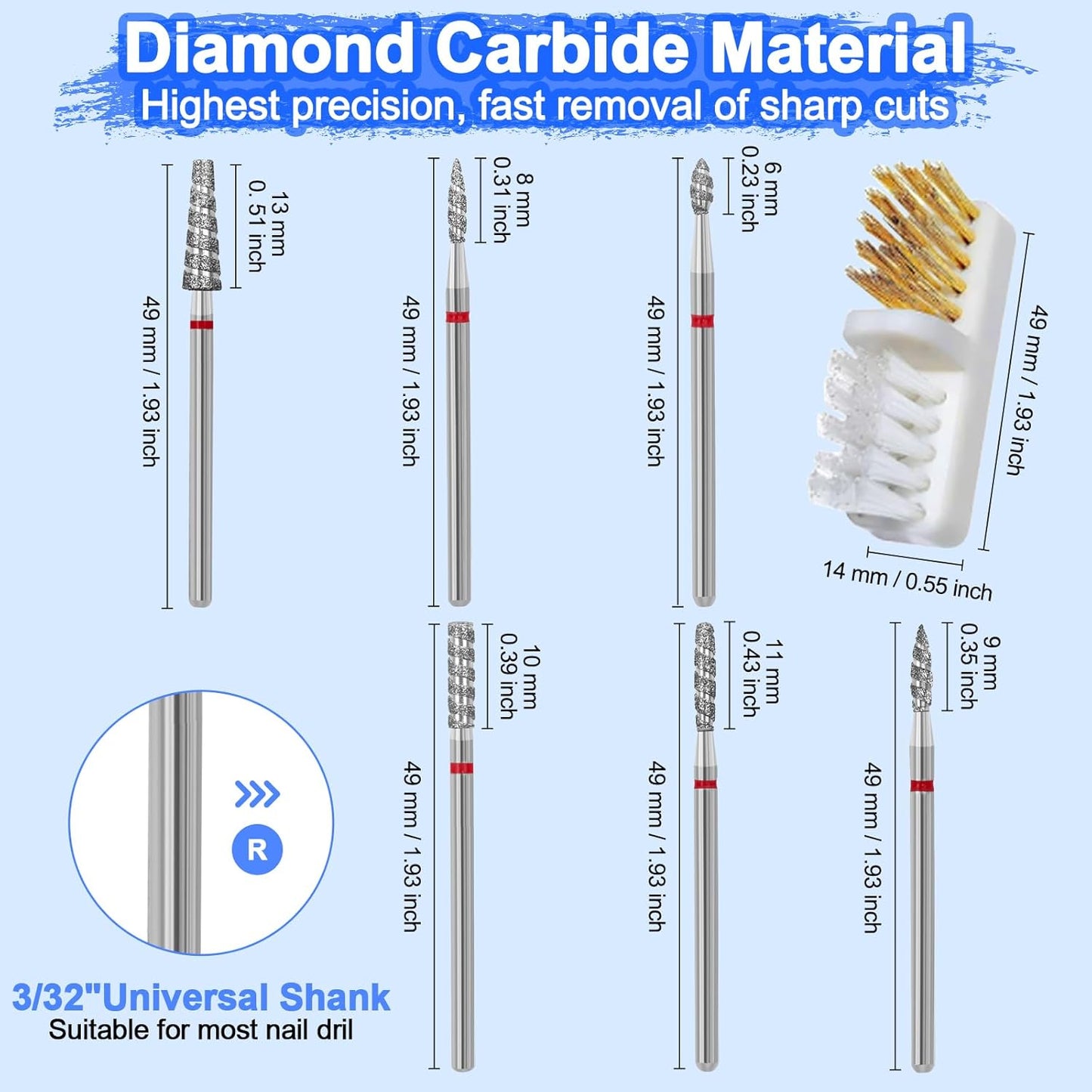 Diesisa 6 Pack Nail Drill Bits for Acrylic Nails, Diamond Carbide Nail Clipper Heads with Diamond Spiral Grooves, 3/32 Inch Cutter Attachment for Nail Preparation, Cuticle and Dead Skin Removal-Red